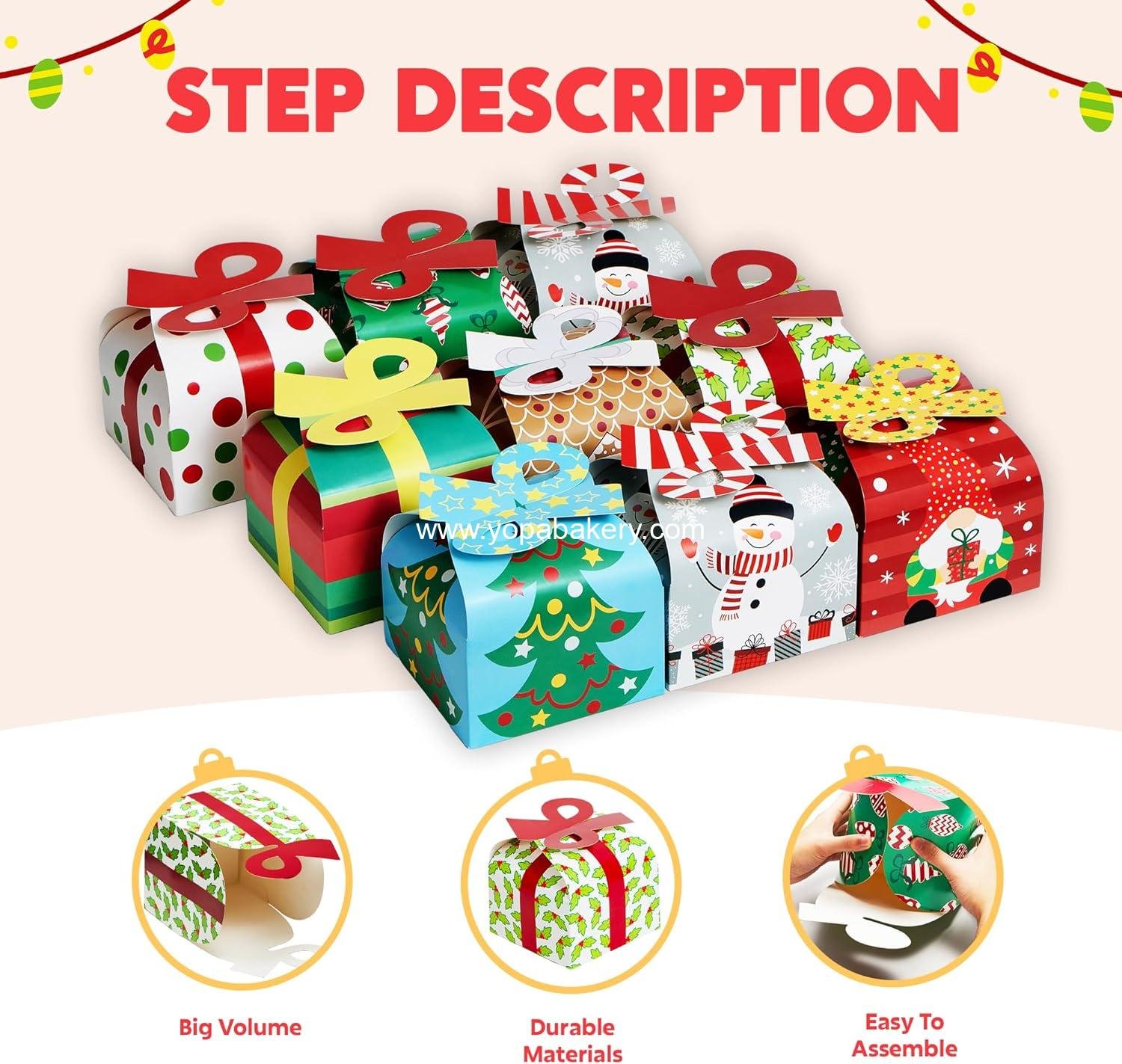 Wholesale 24 PCS 3D Christmas Goody Gift Boxes with Bow for Holiday Goodie Paper Boxes, School Classroom Party Favor, 6” x 6” x 5.5”, 8 Designs Candy Treat Cardboard Cookie Box for Gift Giving Factory