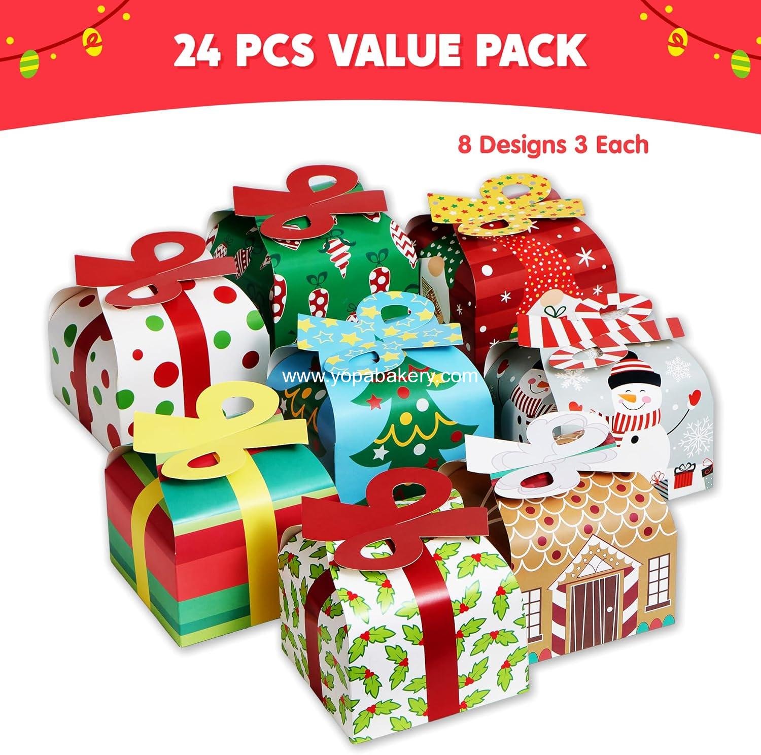 Wholesale 24 PCS 3D Christmas Goody Gift Boxes with Bow for Holiday Goodie Paper Boxes, School Classroom Party Favor, 6” x 6” x 5.5”, 8 Designs Candy Treat Cardboard Cookie Box for Gift Giving Factory