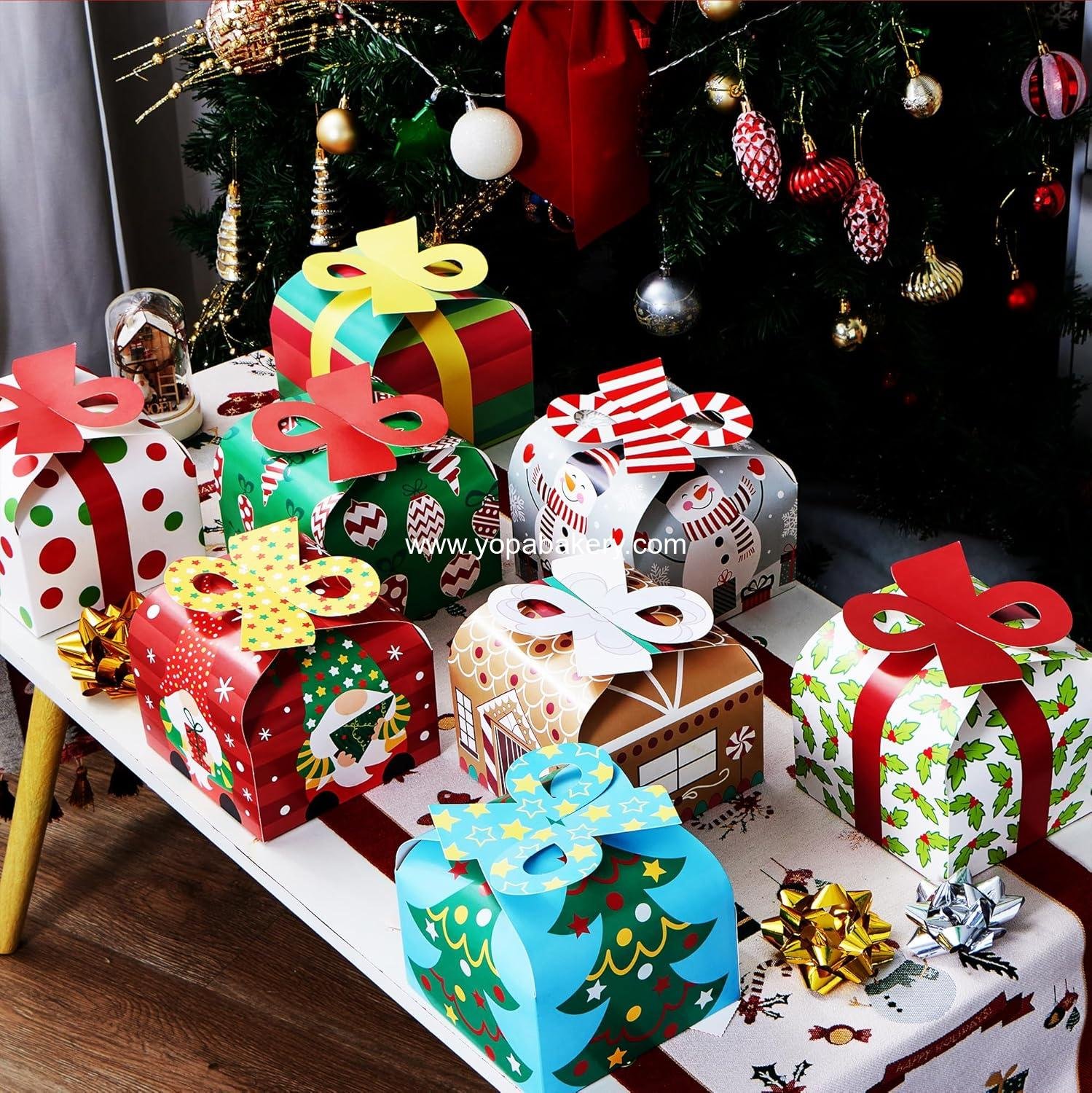 Wholesale 24 PCS 3D Christmas Goody Gift Boxes with Bow for Holiday Goodie Paper Boxes, School Classroom Party Favor, 6” x 6” x 5.5”, 8 Designs Candy Treat Cardboard Cookie Box for Gift Giving Factory