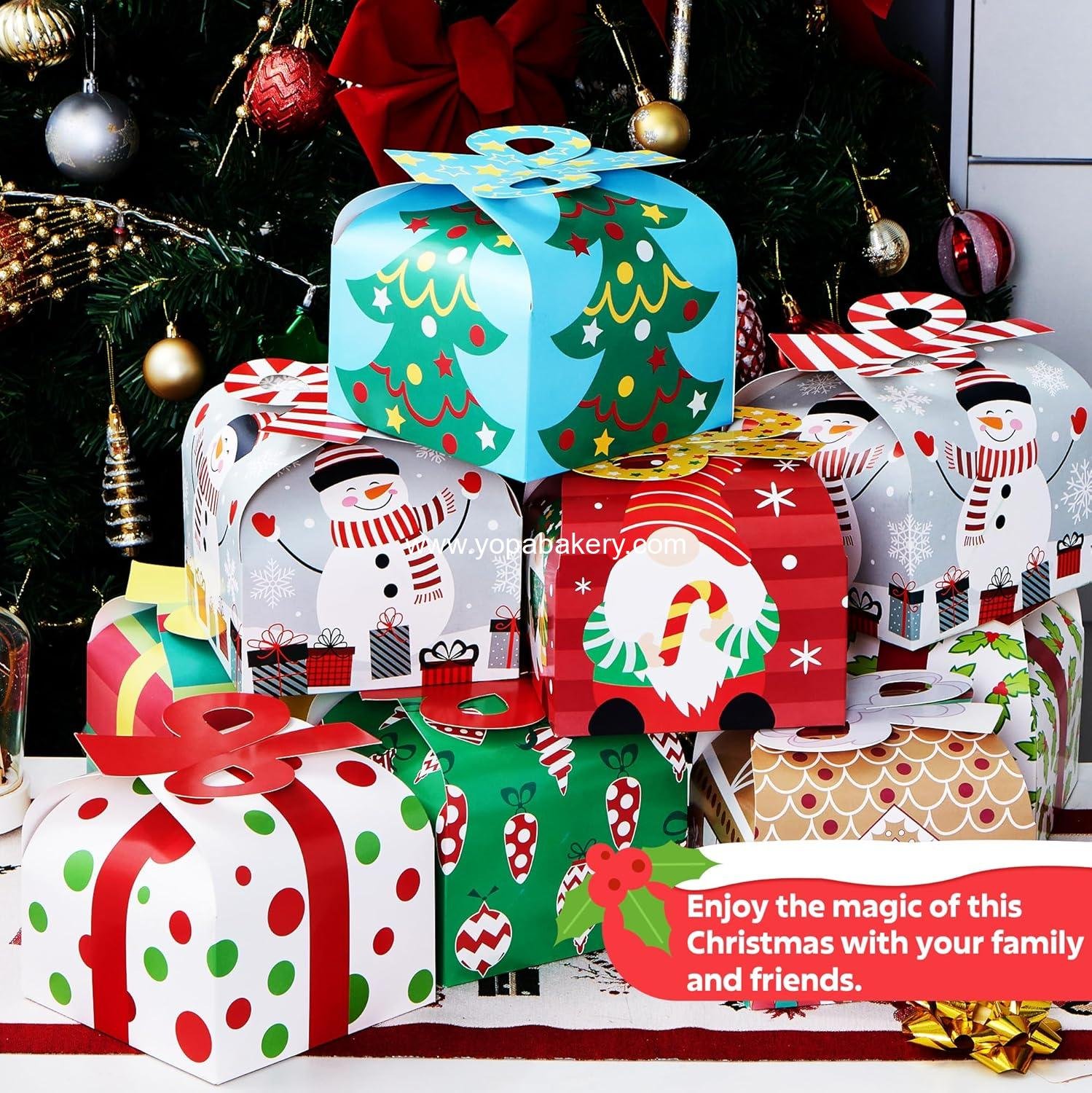 Wholesale 24 PCS 3D Christmas Goody Gift Boxes with Bow for Holiday Goodie Paper Boxes, School Classroom Party Favor, 6” x 6” x 5.5”, 8 Designs Candy Treat Cardboard Cookie Box for Gift Giving Factory