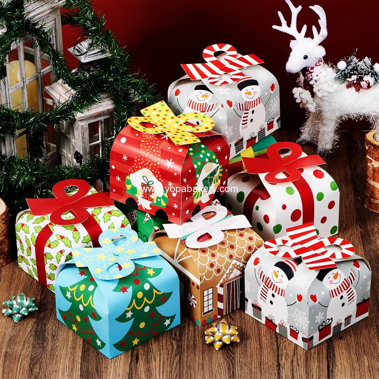 Wholesale 24 PCS 3D Christmas Goody Gift Boxes with Bow for Holiday Goodie Paper Boxes, School Classroom Party Favor, 6” x 6” x 5.5”, 8 Designs Candy Treat Cardboard Cookie Box for Gift Giving Factory