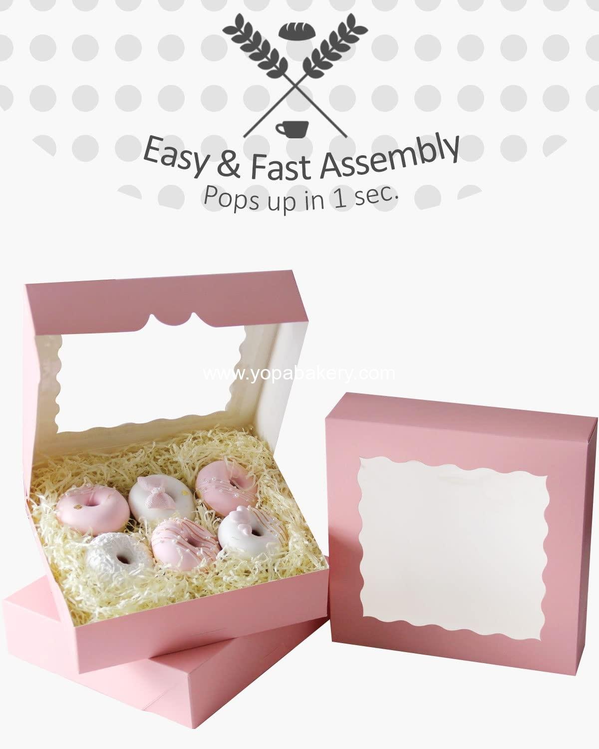 Wholesale 30pcs Auto Pop-Up Pie Boxes with Window 9x9x2.5 Inch for Donuts and Pastries Pink Bakery Box Factory