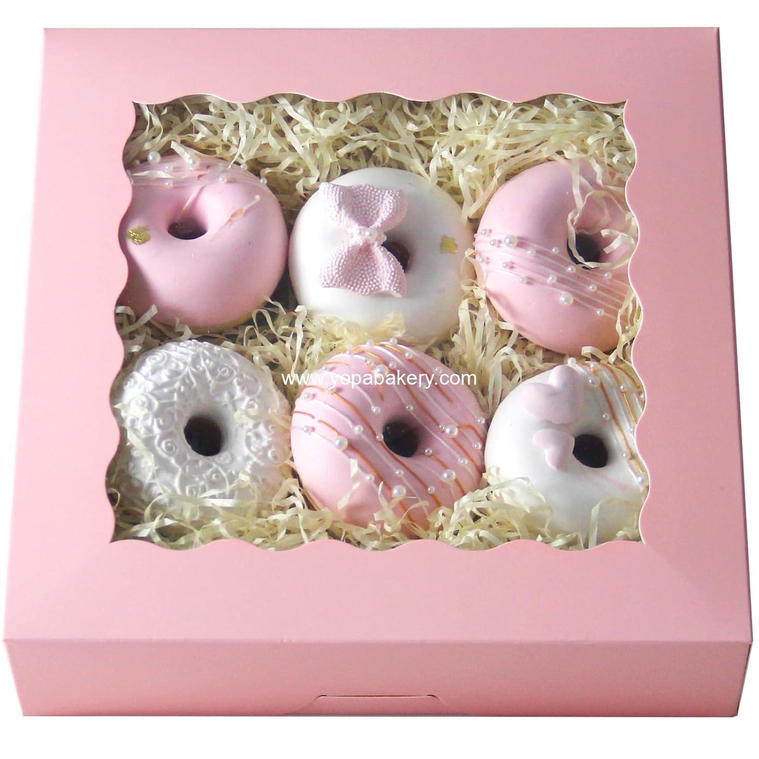 qiqee Auto-pop Up 30pcs Pie Box With Window 9x9x2.5 Inch Donut Pastry Boxes Pink Bakery Box