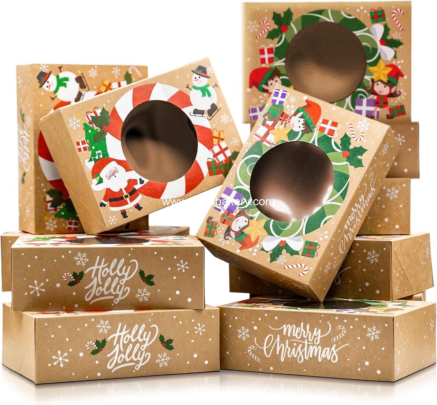 Christmas Cookie Boxes for Gift Giving - 12 Kraft Christmas Cookie Tins With Lids - Sturdy Christmas Treat Boxes, Christmas Tins - Festive Christmas Cookie Box Packaging - Cookie Boxes with Window