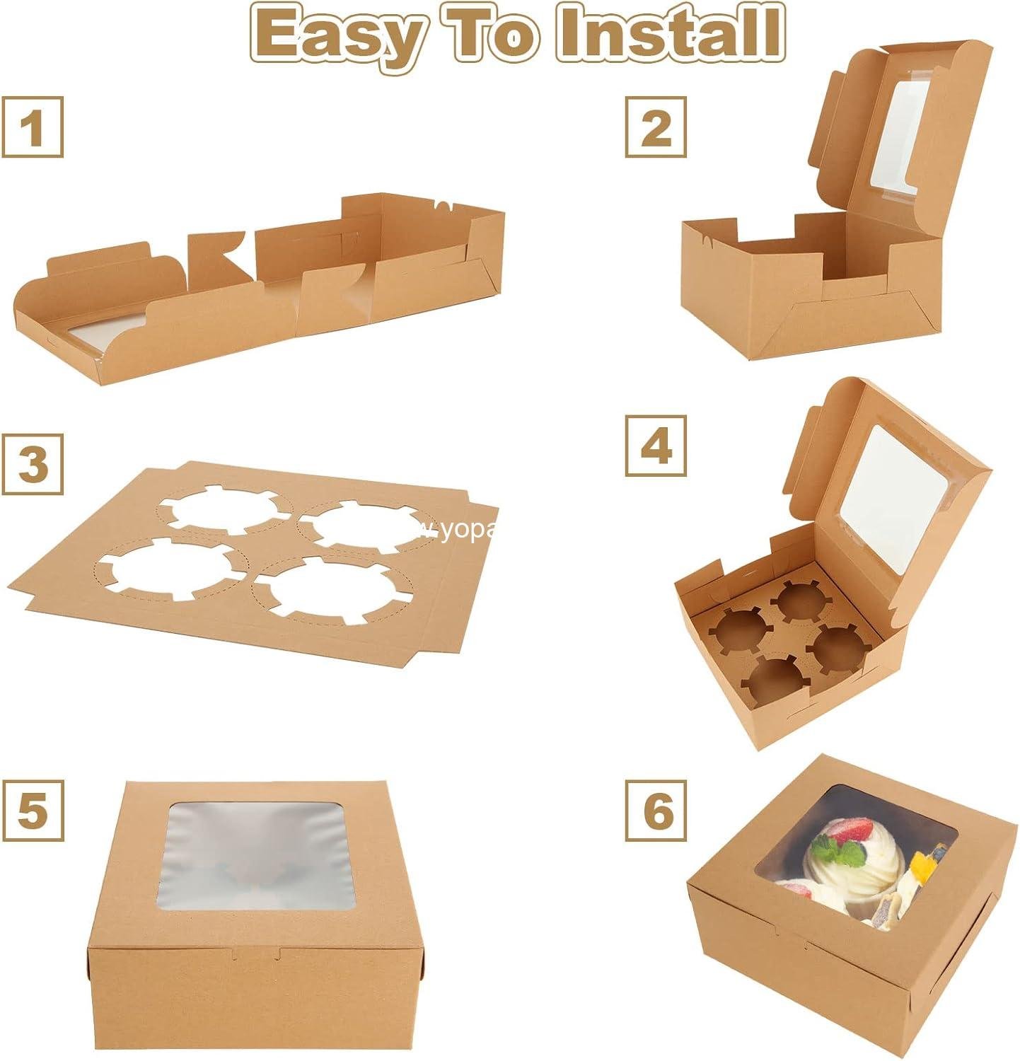 Wholesale 100 PCS Cupcake Boxes with Window 4 Count Cupcake Containers 6x6x3 Inch Brown Kraft Paper Treat Boxes with Insert for Muffins Cookies Macarons Donuts Factory