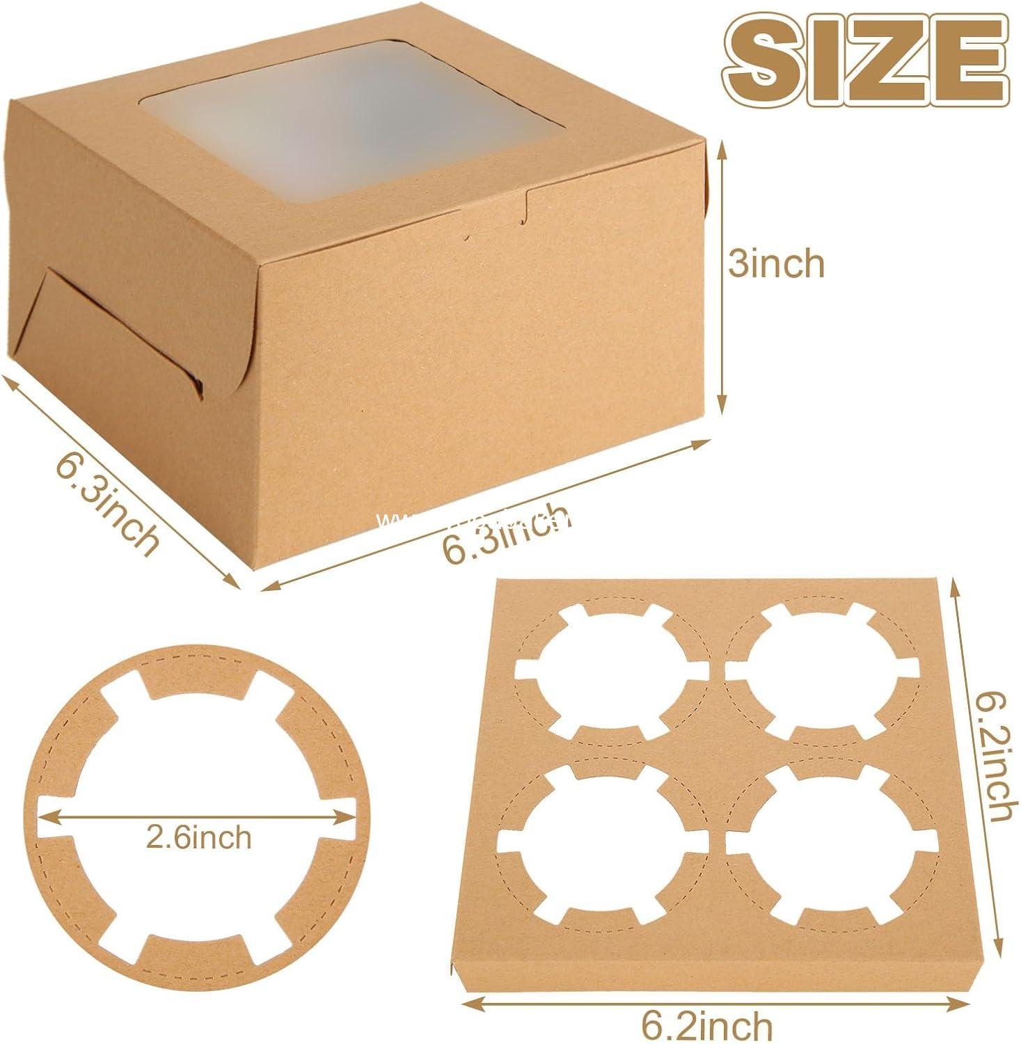 Wholesale 100 PCS Cupcake Boxes with Window 4 Count Cupcake Containers 6x6x3 Inch Brown Kraft Paper Treat Boxes with Insert for Muffins Cookies Macarons Donuts Factory