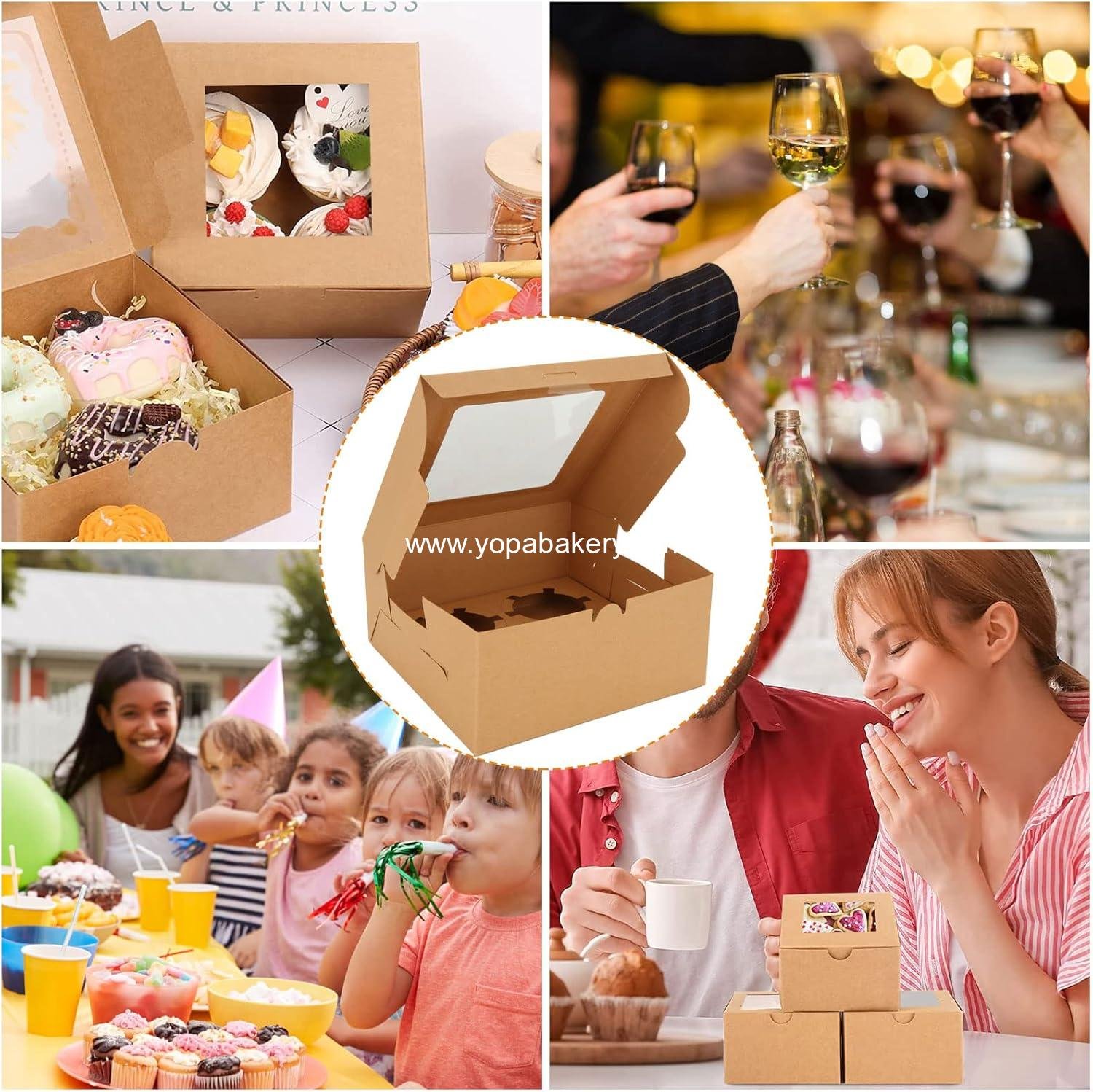 Wholesale 100 PCS Cupcake Boxes with Window 4 Count Cupcake Containers 6x6x3 Inch Brown Kraft Paper Treat Boxes with Insert for Muffins Cookies Macarons Donuts Factory