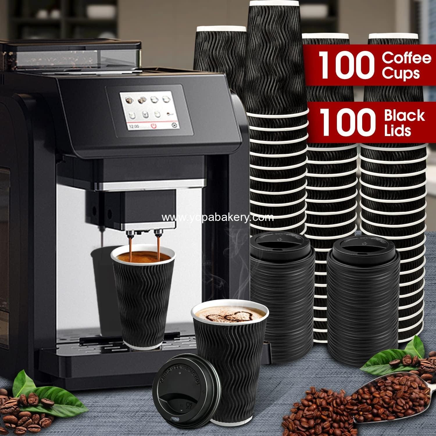 Wholesale 100 Pack 16 oz Disposable Insulated Coffee Cups with Lids for Hot Drinks - Black, Factory Wholesale 100 Pack 16 oz Disposable Insulated Coffee Cups with Lids for Hot Drinks - Black, Factory