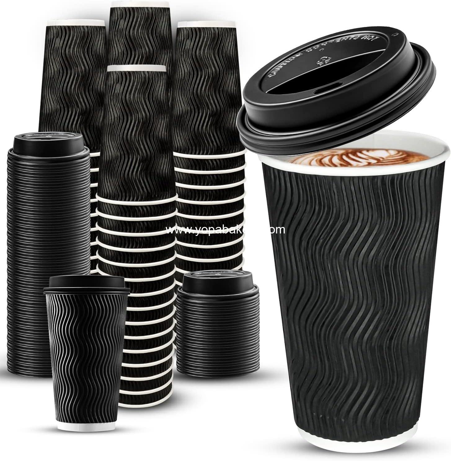 Ginkgo 100 Pack 16 oz Disposable Insulated Coffee Cups with Lids, Paper To-Go Coffee Cups for Coffee Bars, Hot Chocolate, Cocoa, and Hot Tea Drinks - Black