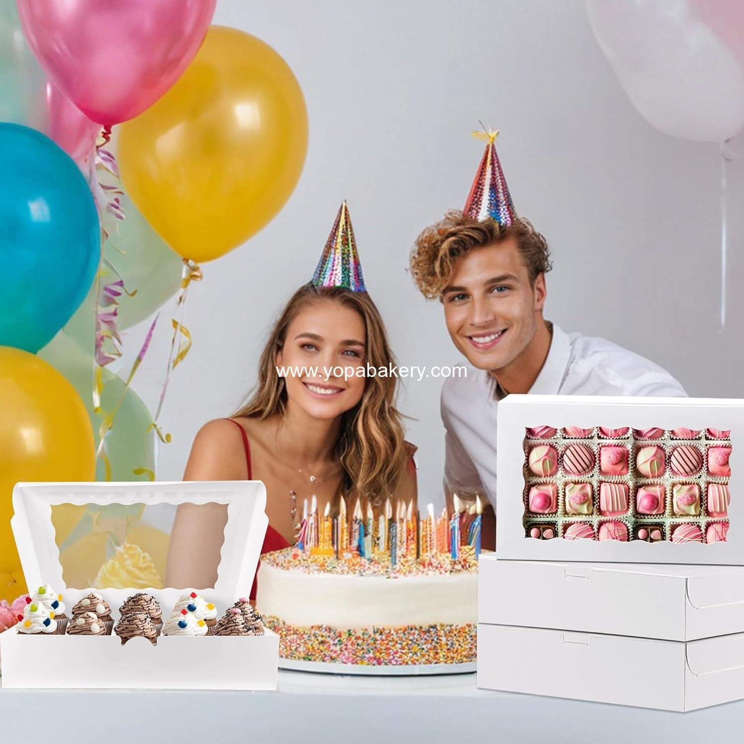 Wholesale 12x8x2.5 Inches White Bakery Boxes with Window - Cookie Boxes for Desserts, Cupcakes, Muffins, Donuts, Chocolate, and Strawberries - Manufacturer