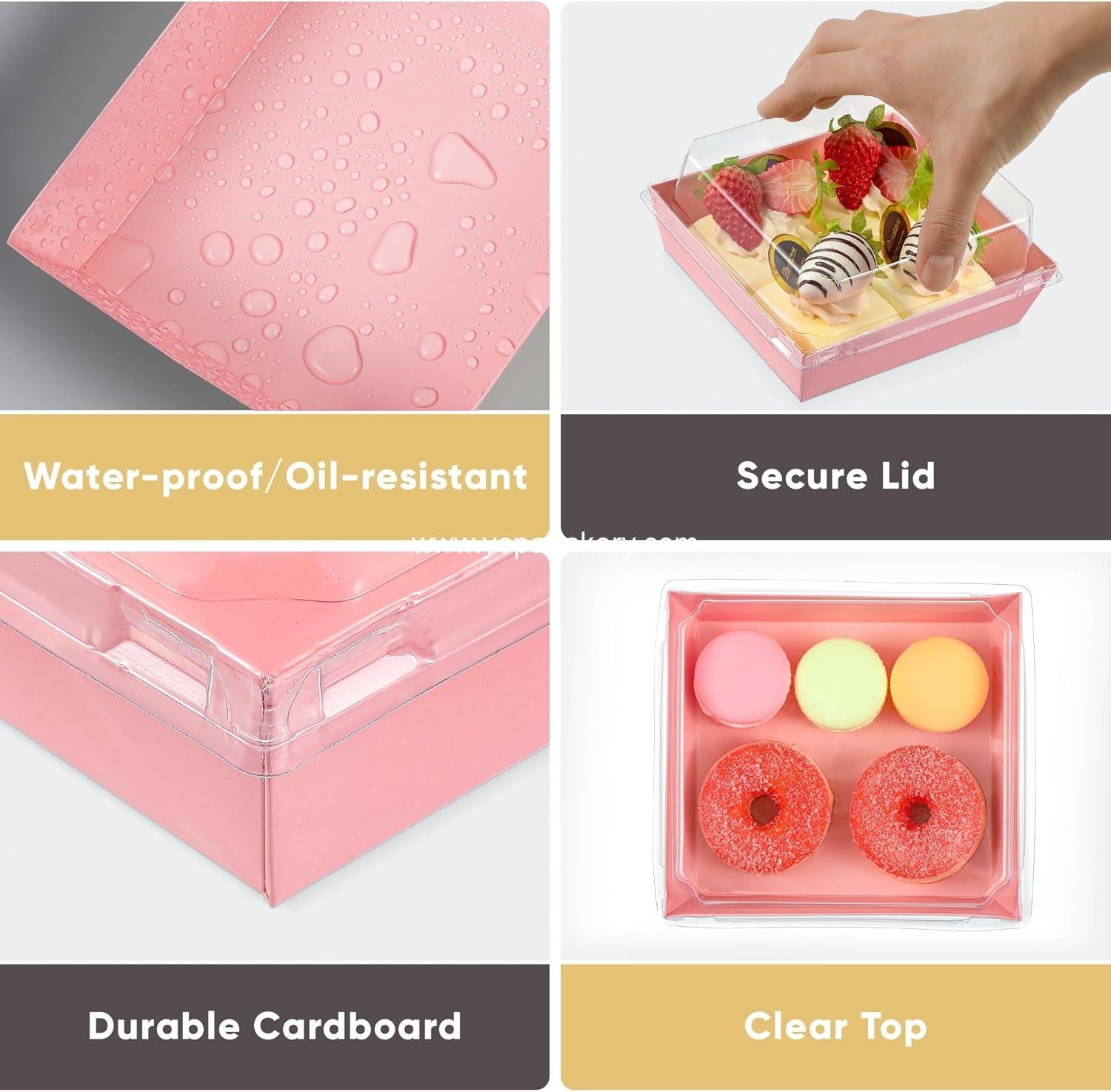 Wholesale 50 Pack Small Clear Treat Boxes - 5 Inch Disposable Mini Containers for Cookies, Cake Slices, Charcuterie, Bakery, Pastry, and Baked Goods Packaging (Pink) - Factory