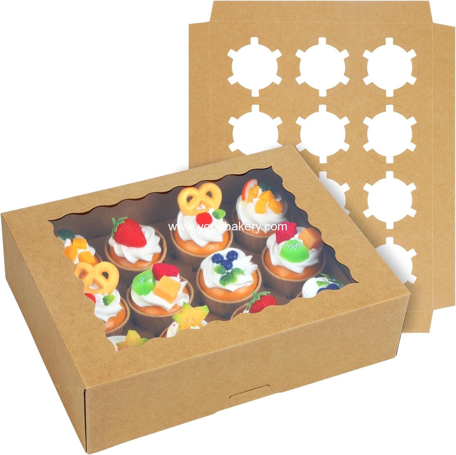 6-Set Cupcake Boxes Hold 12 Standard Cupcakes, Auto-Popup Cupcake Containers with Windows and Inserts, Food Grade Kraft Cupcake Carrier and Cupcake Holders (Brown)
