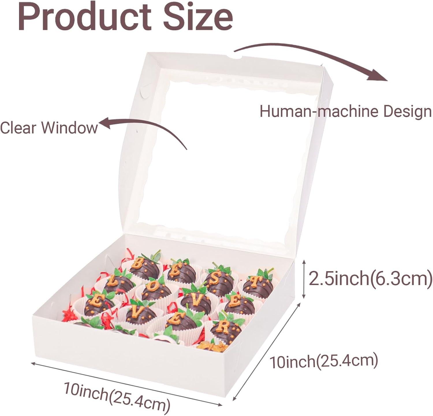 Wholesale 40pcs White Window Bakery Boxes 10x10x2.5 Inches for Pies, Cookies, and Christmas Treats, Chocolate Covered Strawberries, Heart Hot Chocolate Bombs - Factory Wholesale 40pcs White Window Bakery Boxes 10x10x2.5 Inches for Pies, Cookies, and Christmas Treats, Chocolate Covered Strawberries, Heart Hot Chocolate Bombs - Factory