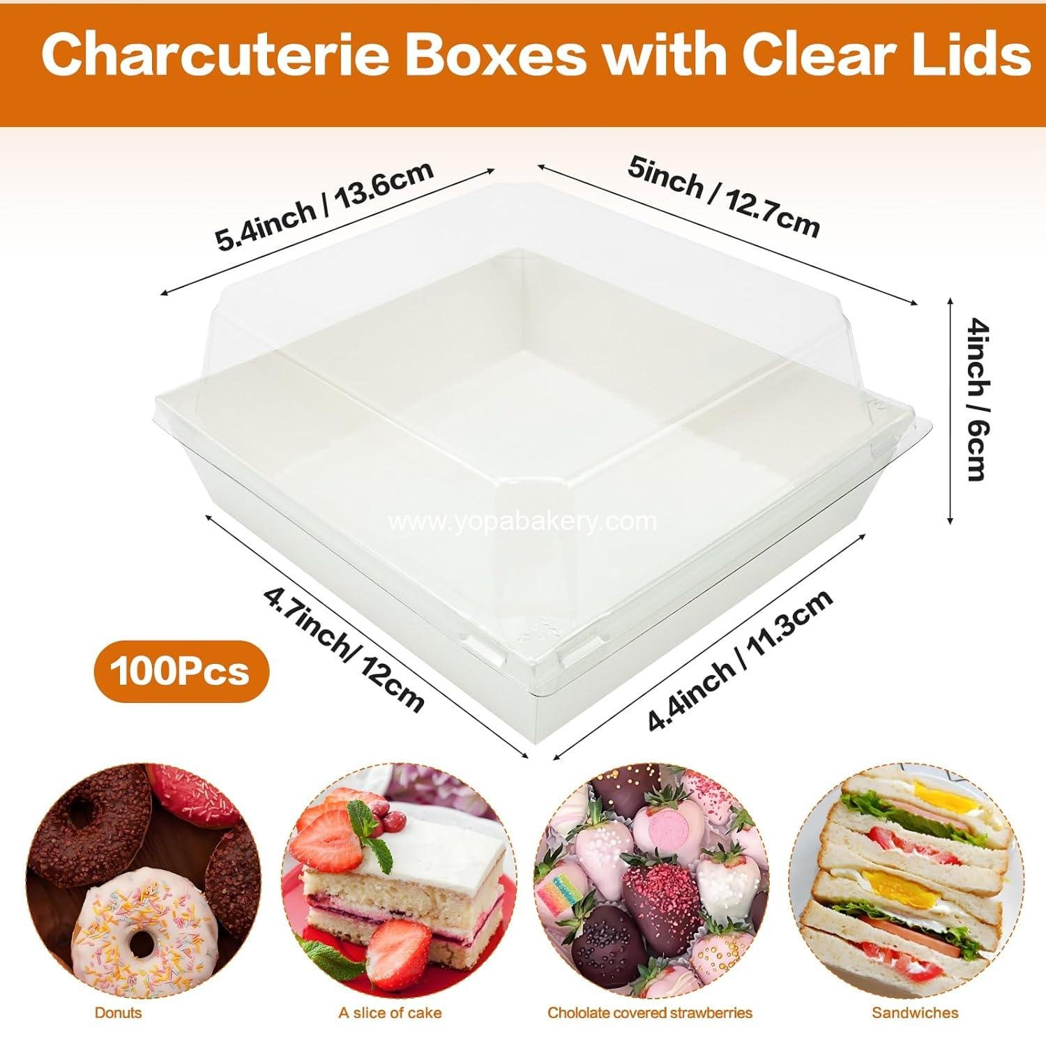 Wholesale 100 Pack Small Charcuterie Boxes with Clear Lids - 5 Inch White Disposable Square Paper Bakery Dessert Containers for Cookies, Sushi, Cake Slices, Muffins - Factory