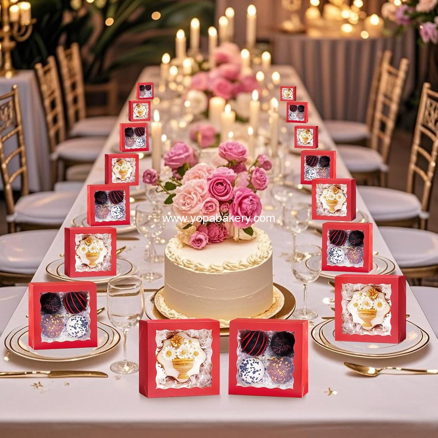 Wholesale 50 Pack 4x4x2 Red Bakery Boxes with Window - Gift Boxes for Macarons, Cookies, Chocolates, Strawberries, and Mini Cakes for Valentine's, Birthdays, Weddings, and Christmas - Factory