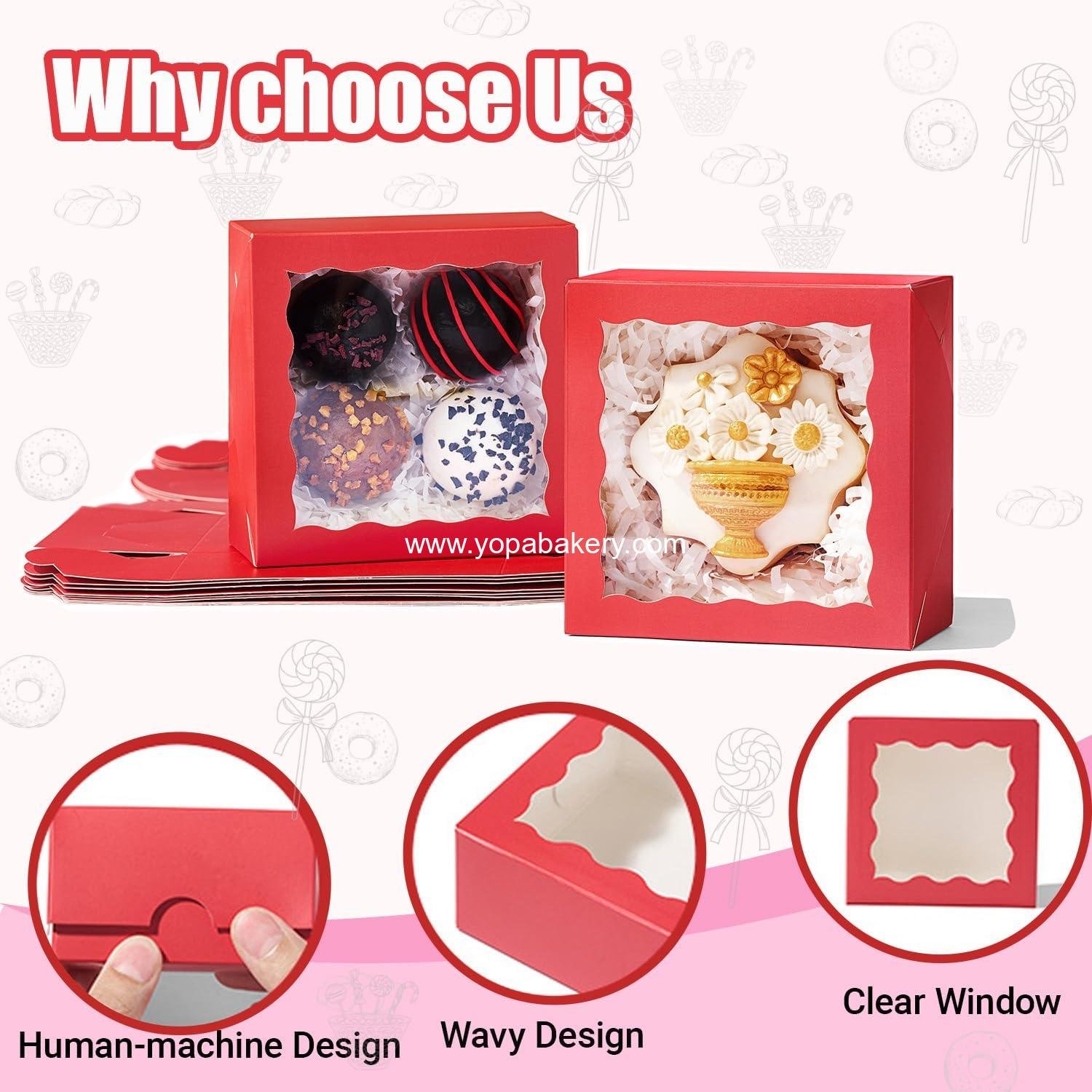 Wholesale 50 Pack 4x4x2 Red Bakery Boxes with Window - Gift Boxes for Macarons, Cookies, Chocolates, Strawberries, and Mini Cakes for Valentine's, Birthdays, Weddings, and Christmas - Factory
