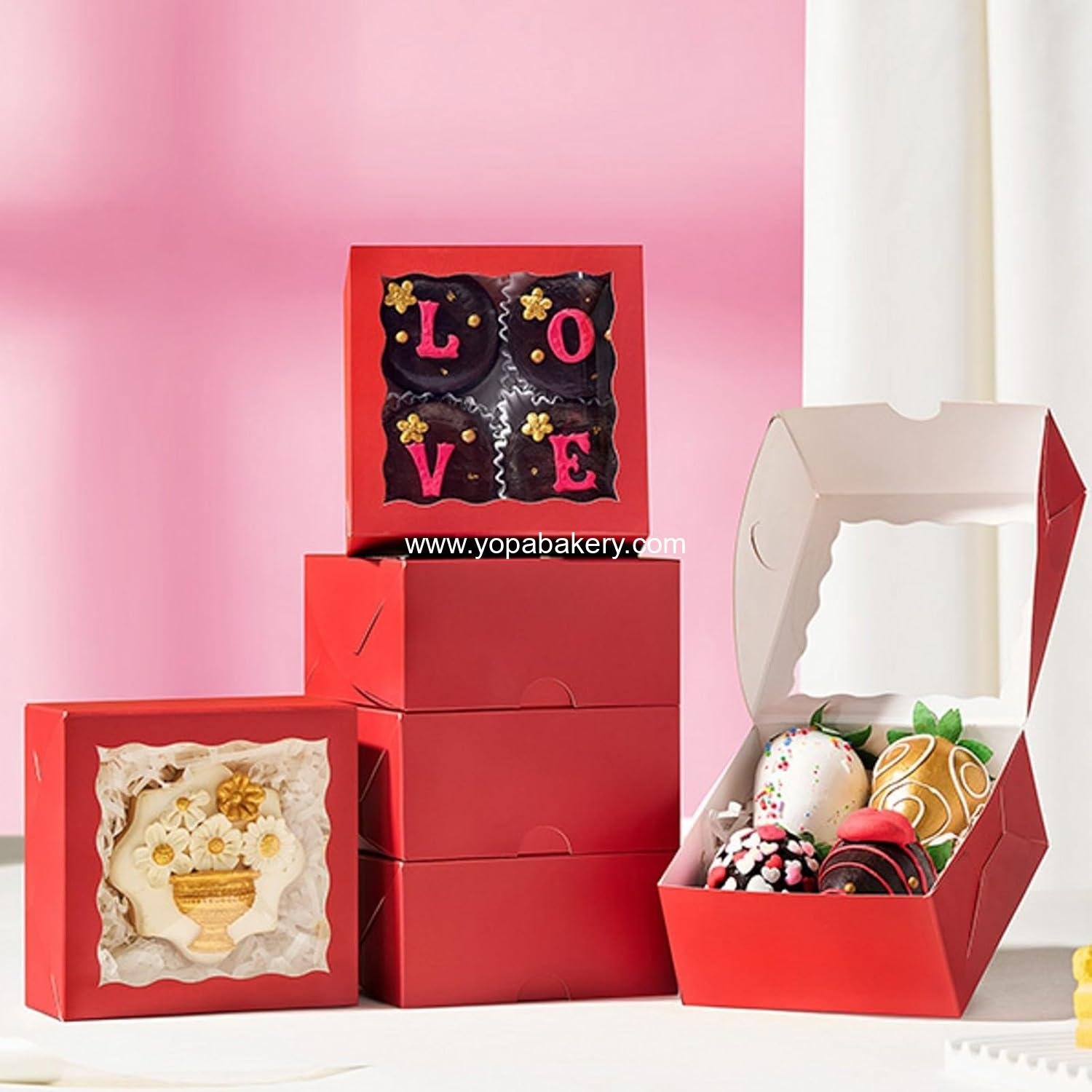 Wholesale 50 Pack 4x4x2 Red Bakery Boxes with Window - Gift Boxes for Macarons, Cookies, Chocolates, Strawberries, and Mini Cakes for Valentine's, Birthdays, Weddings, and Christmas - Factory