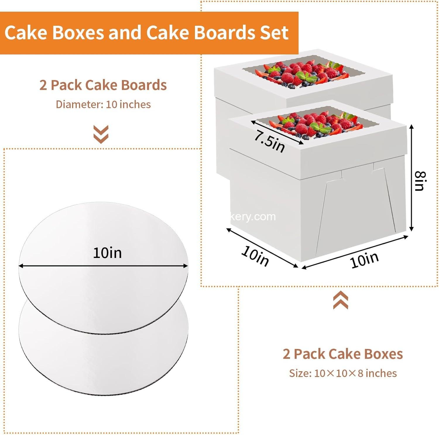 Wholesale 10 Inch Cake Box with Cake Boards - 2 Pack Disposable Cake Carrier for Cookies, Pies, Cupcakes, Pastries (10×10×8 Inches) with Window - Factory