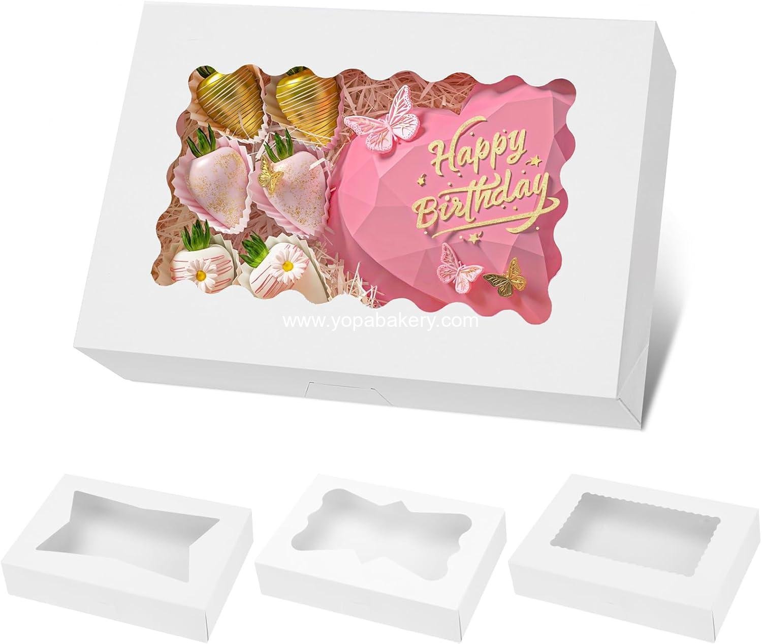 Moretoes 30pcs Bakery Boxes, 12x8x2.5 Inches Auto-Popup Cookie Boxes with 3 Style Windows for Chocolate Covered Strawberries, Donuts, Pastries