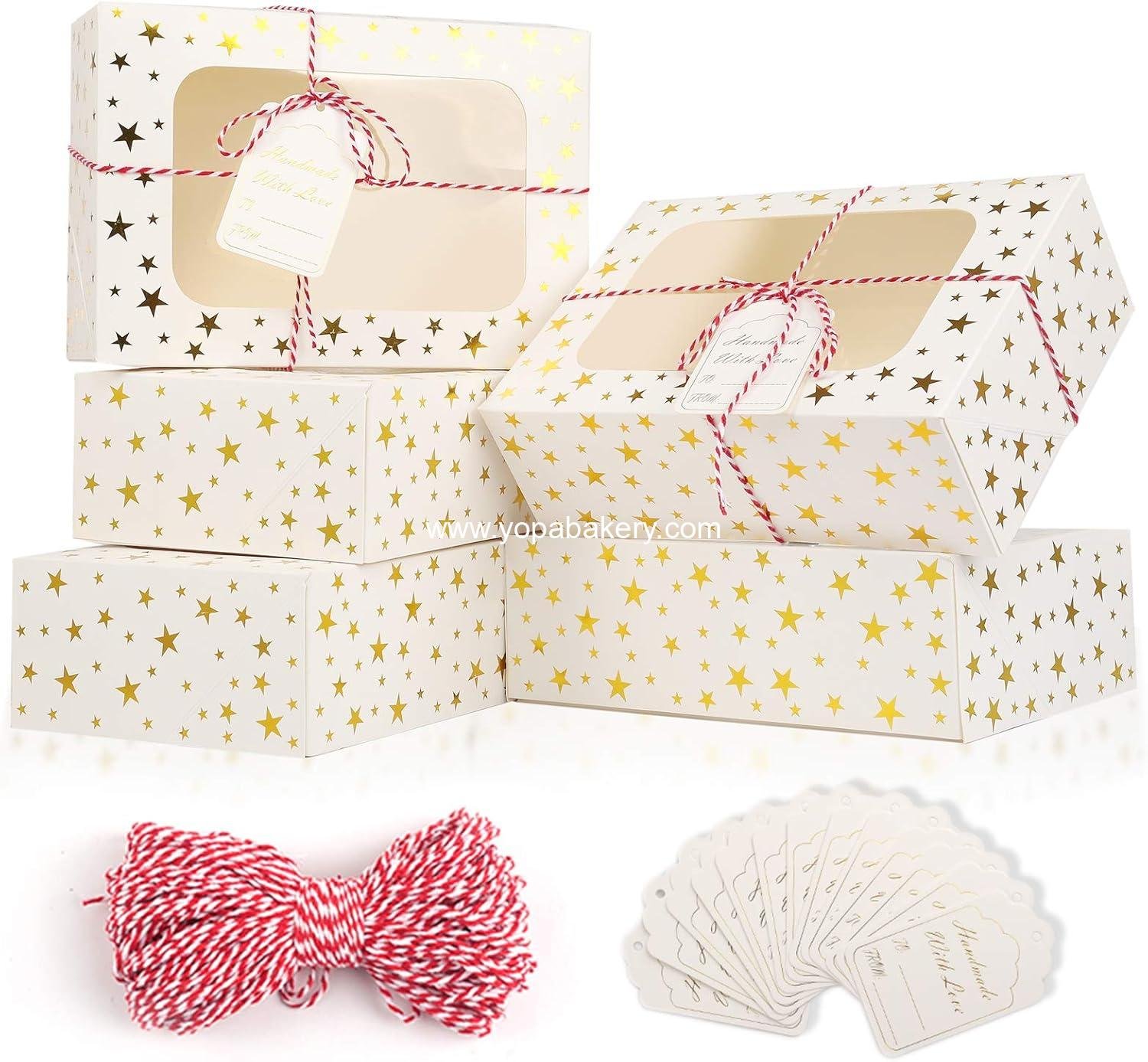 24 PCS Christmas Cookie Boxes for Gift Giving, 9x6x3 Golden Star Christmas Treat Boxes with Window, Auto-Up Holiday Cookie Boxes,Baking Goods Packaging Box for Desserts, Mini Cake, Donuts