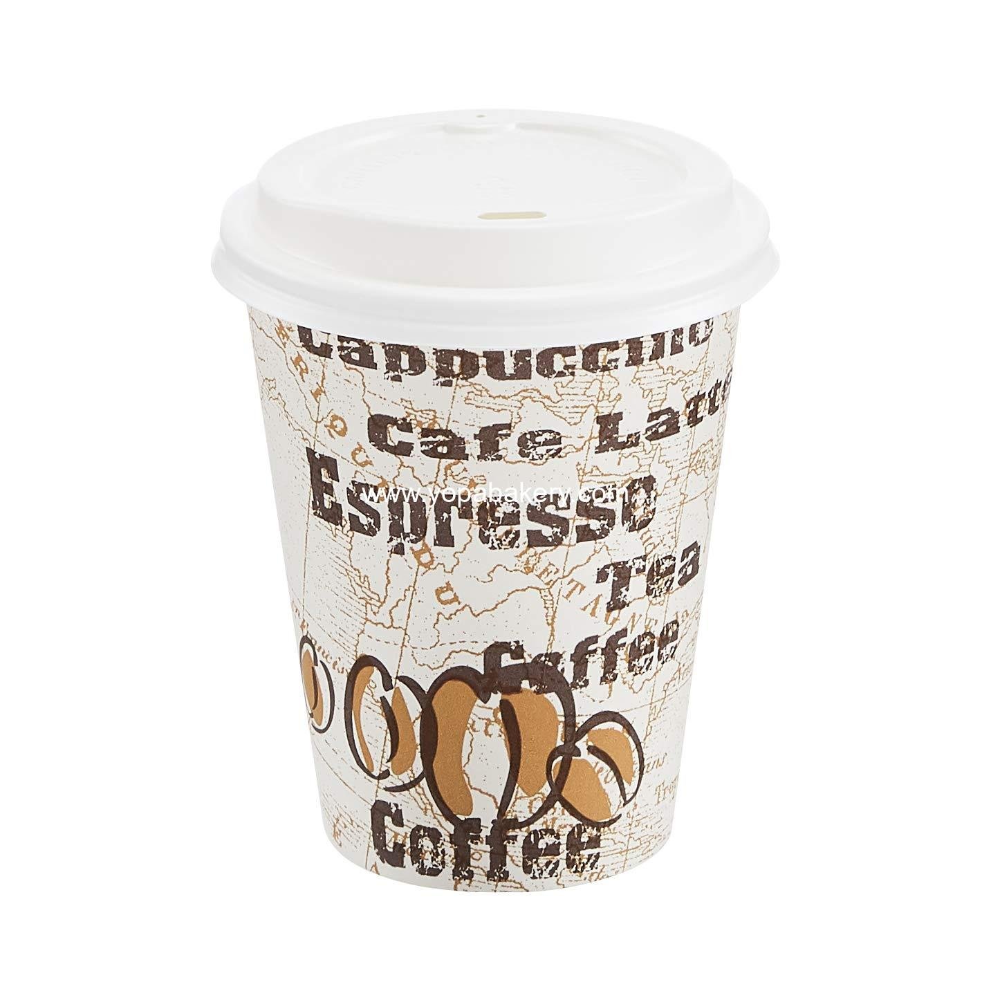 Amazon Basics to Go Hot Paper Coffee Cups with Lids, 12 oz, Café Design, Disposable, 100-Count