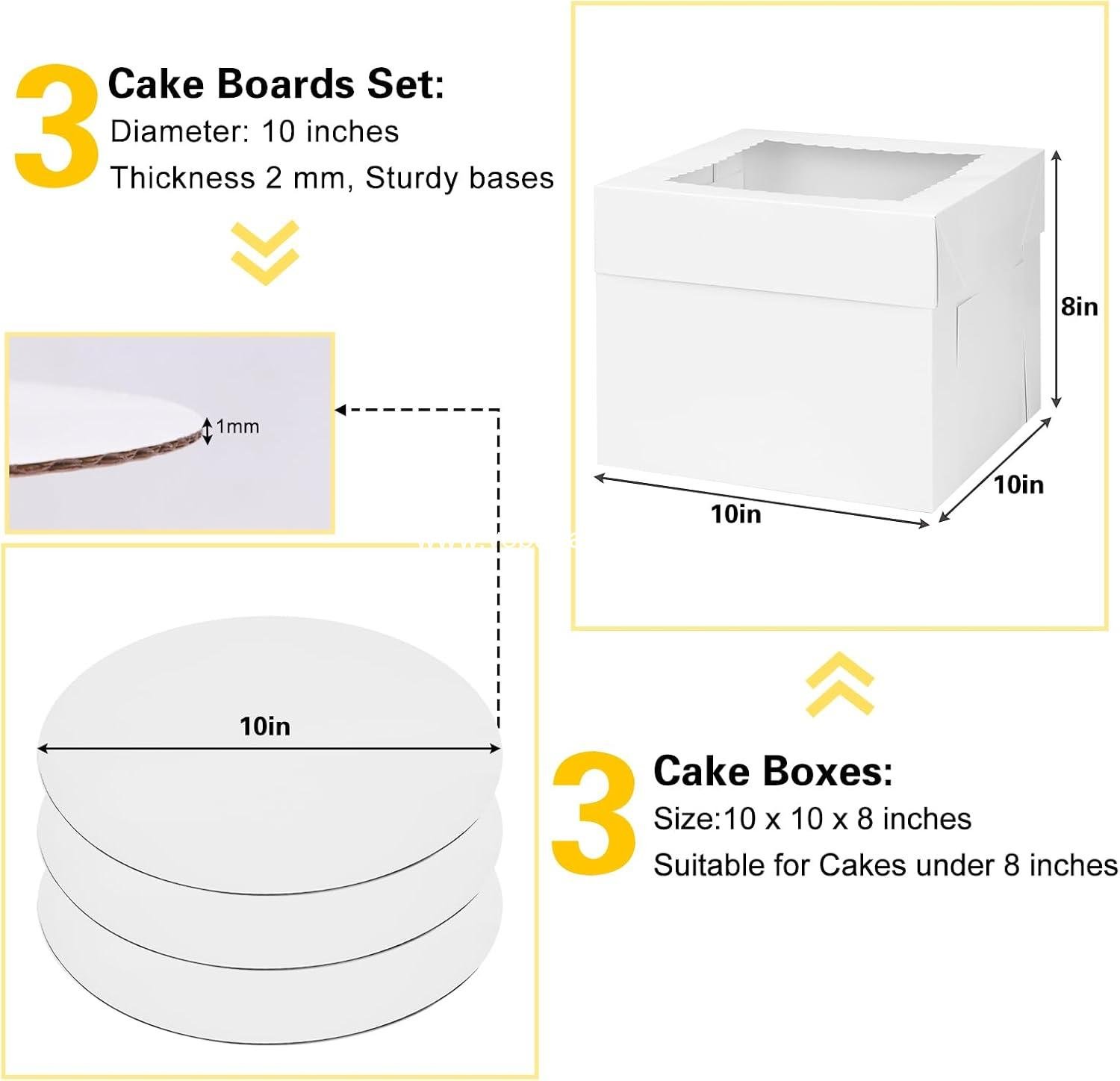 Wholesale 3 Pack Cake Boxes 10 Inch Tall Bakery Containers with Boards, Disposable Cake Carrier with Lid for Birthday, Party, Halloween, Cupcake, Cookie, Pie Pastry (10x10x8 Inches) Factory