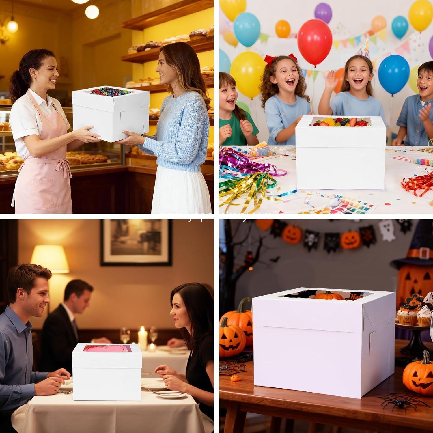 Wholesale 3 Pack Cake Boxes 10 Inch Tall Bakery Containers with Boards, Disposable Cake Carrier with Lid for Birthday, Party, Halloween, Cupcake, Cookie, Pie Pastry (10x10x8 Inches) Factory