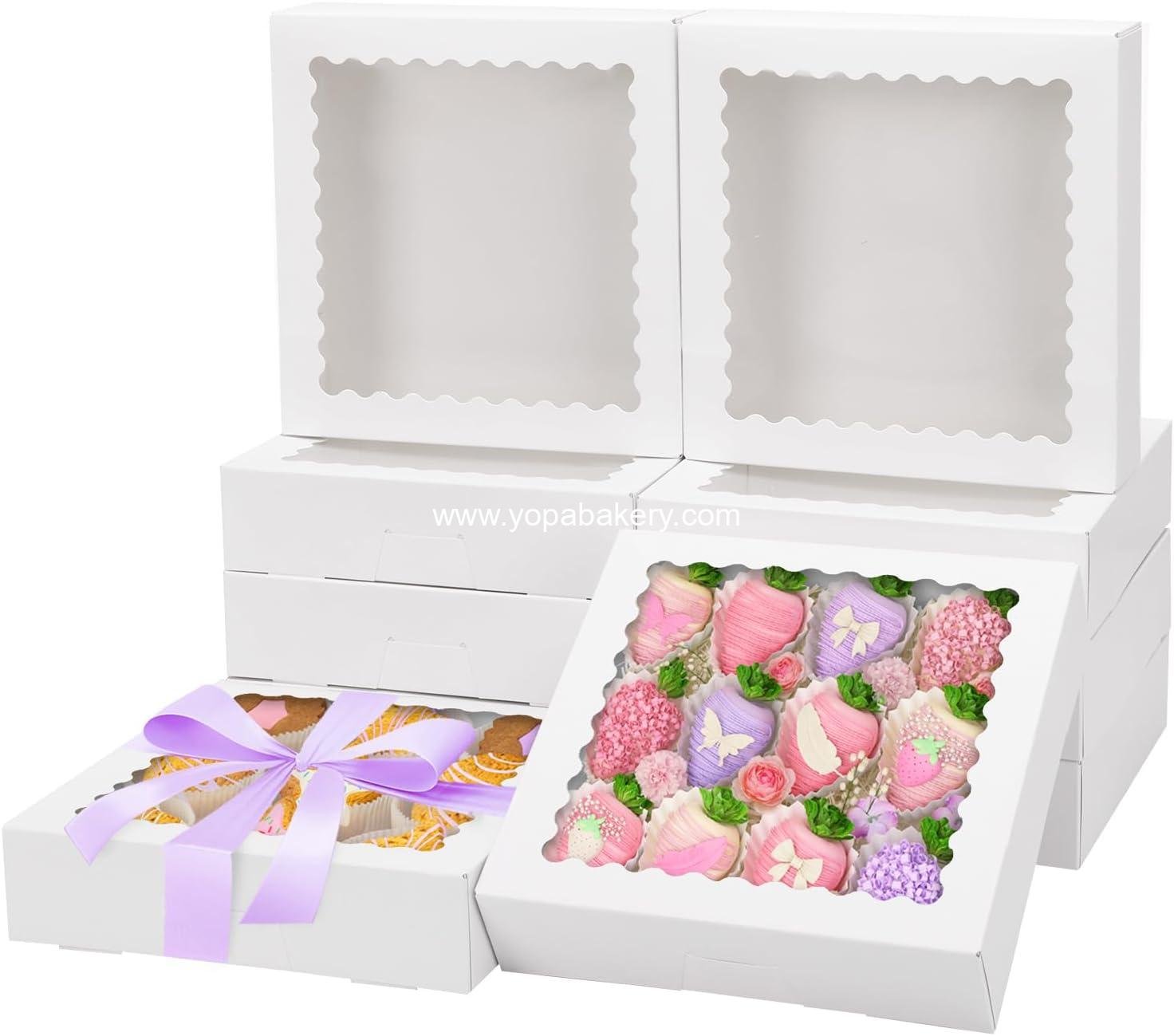 Wholesale 12pcs Bakery Boxes 8x8x2 Inches Auto-Popup Cookie Boxes with Window, White Treat Containers for Chocolates, Strawberries, Donuts, Desserts, Pastries Factory