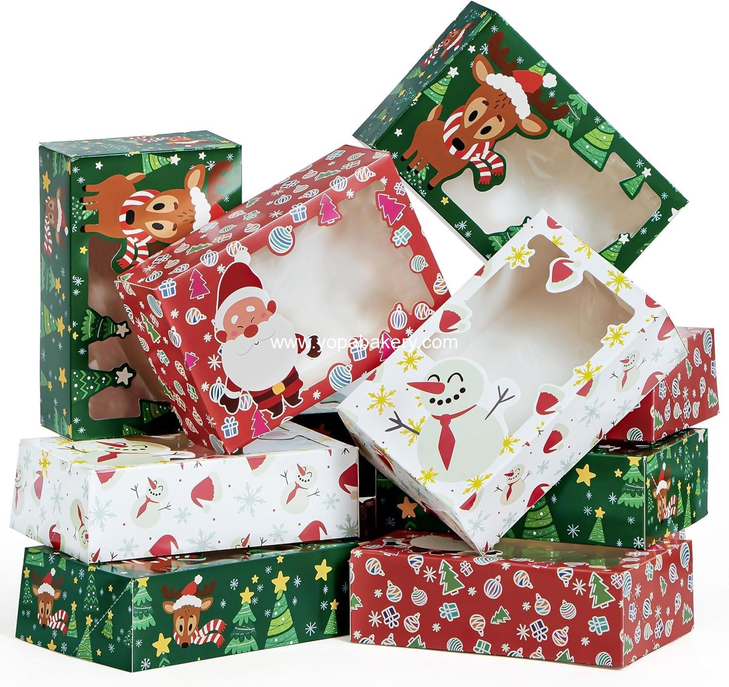 Wholesale 24 PCS Christmas Foil Treat Boxes (8.75" x 5.75" x 2.75") Colorful Pattern Bakery Boxes with Window for Holiday, Birthday Party, Pastries, Cupcakes, Brownies, Donuts Gift-Giving Factory