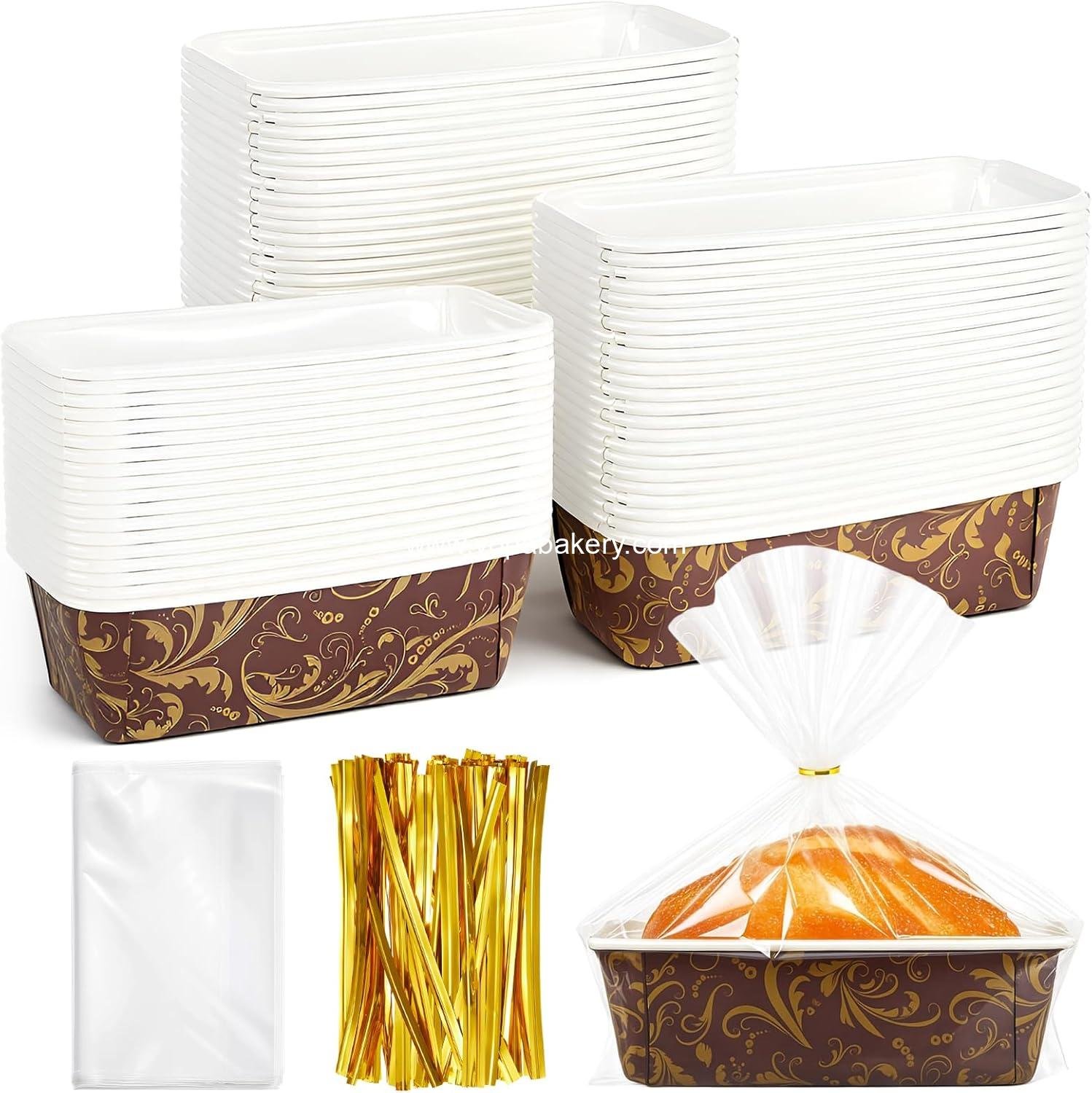 50 Sets Paper Loaf Pans for Baking 7.87 x 3.15 x 2.76 Inch Disposable Bread Pans with Clear Plastic Bags and Ties Rectangle Paper Baking Molds for Cake, Bread, and Sweets