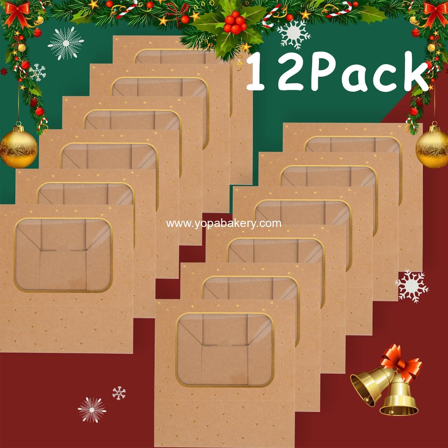 Wholesale 12pcs Gold Star Cookie Boxes - Brown Bakery Boxes with Window 8.25x6x2.75in Gold Foil Star Treat Cake Boxes for Gift Giving Pastries, Desserts, Cupcakes, Candy, and Donut Packaging (KRAFT PAPER, 12) - Factory