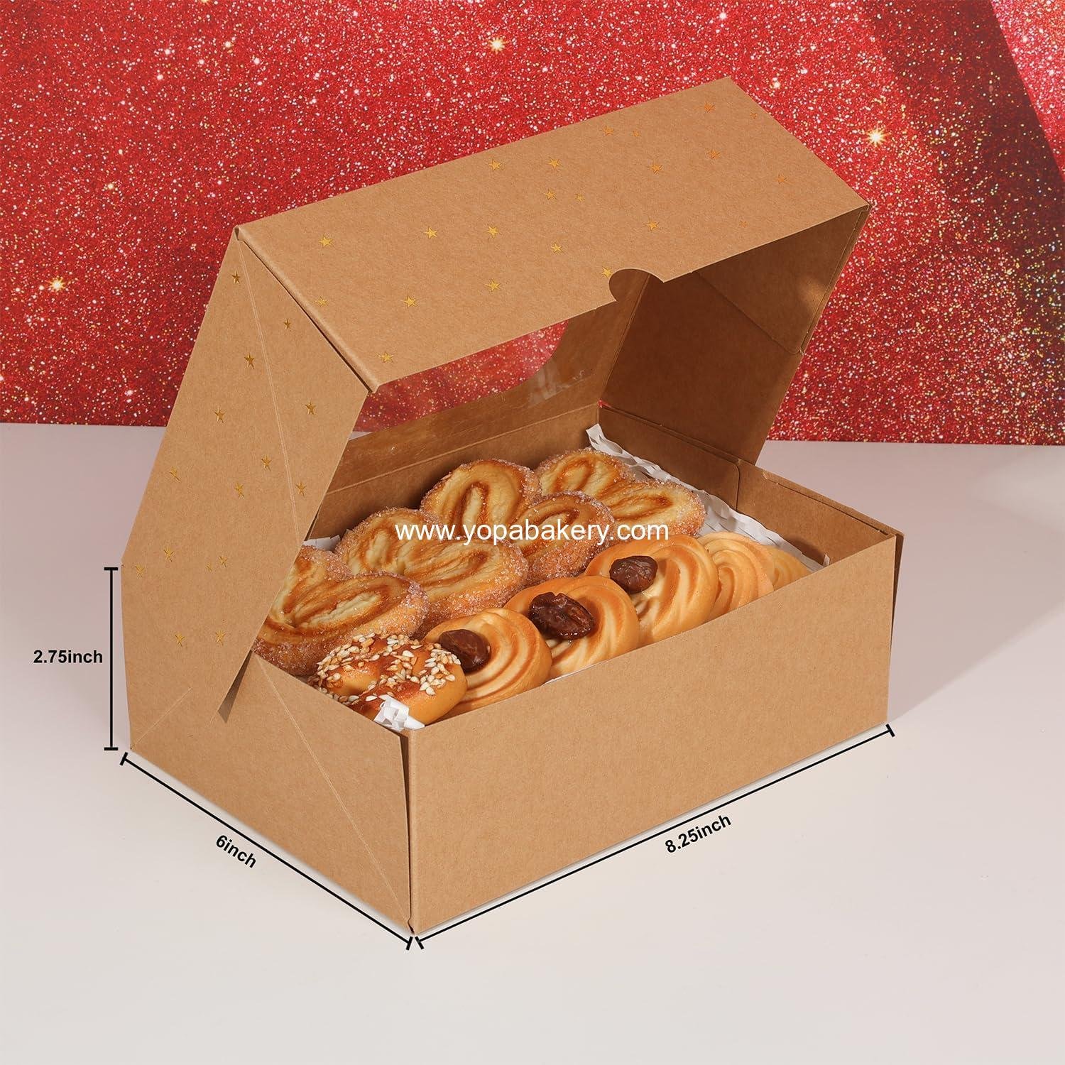 Wholesale 12pcs Gold Star Cookie Boxes - Brown Bakery Boxes with Window 8.25x6x2.75in Gold Foil Star Treat Cake Boxes for Gift Giving Pastries, Desserts, Cupcakes, Candy, and Donut Packaging (KRAFT PAPER, 12) - Factory