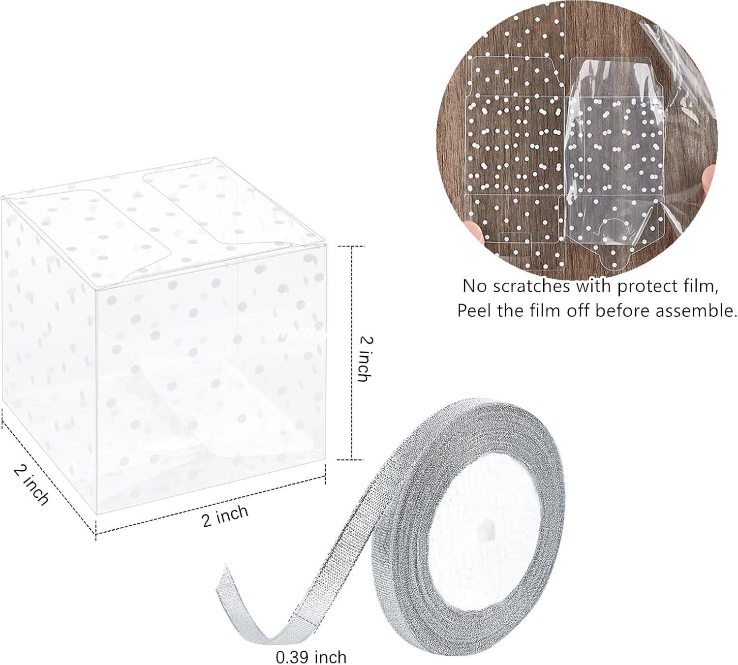 Wholesale 50 PCS Clear Favor Cube Boxes 2x2x2 Inches with White Polka Dots and Silver Ribbons for Wedding Baby Shower Birthday Party - Factory