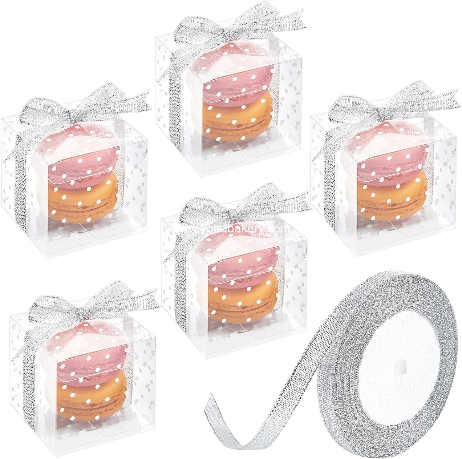 Ocmoiy 2x2x2 Inches Macaron Boxes for 2, White Polka Dot, 50 PCS Small Clear Favor Cube Boxes with Silver Ribbons for Wedding Baby Shower Birthday Party Supplies