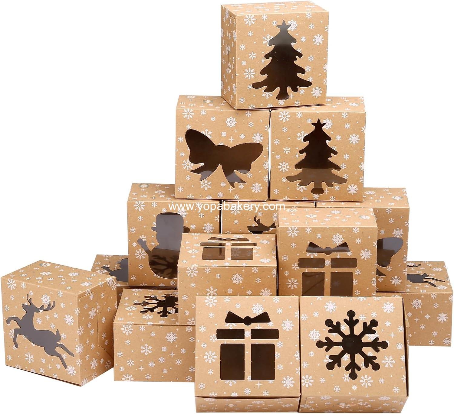 Naler 18Pcs Christmas Cookie Boxes - 2.2"x2.2"x2.2", Christmas Bakery Boxes with Windows, Kraft Cookie Boxes for Xmas New Year Party Gift Giving (Brown)