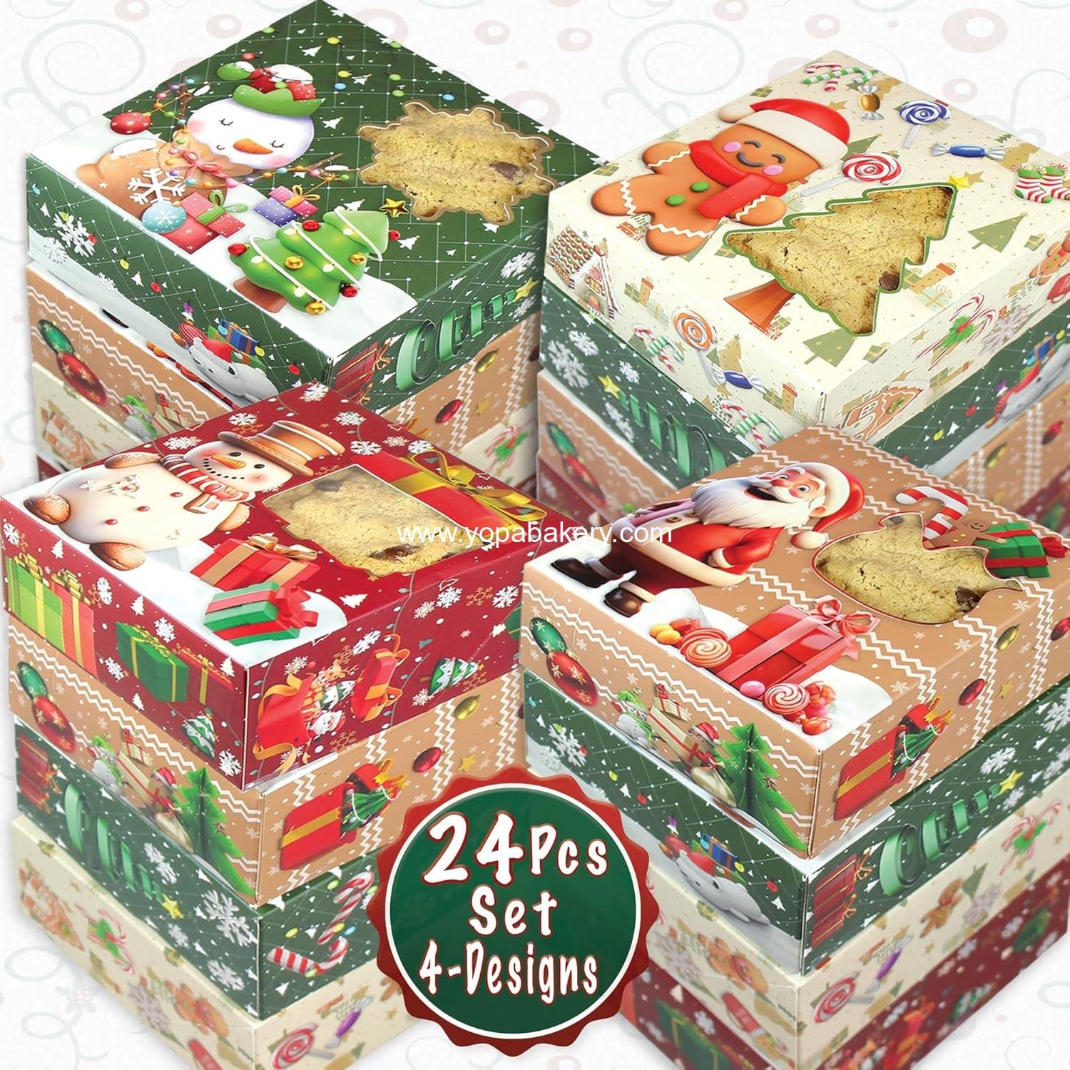 Wholesale Christmas Cookie Boxes | 24 Pcs Variety Pack (4 Designs) | 5” x 5” Holiday Treat Boxes | Candy and Bakery Gift Goodie Boxes | Xmas Party Snack Boxes Factory