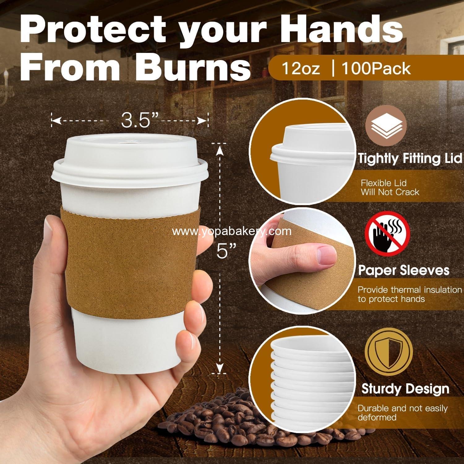 Wholesale 100 Pack 12 oz Leak-Proof Coffee Cups with Lids and Sleeves, Disposable Hot Travel Paper Cups for Coffee, Hot Chocolate, Cocoa, Coffee Bar Accessories, Factory