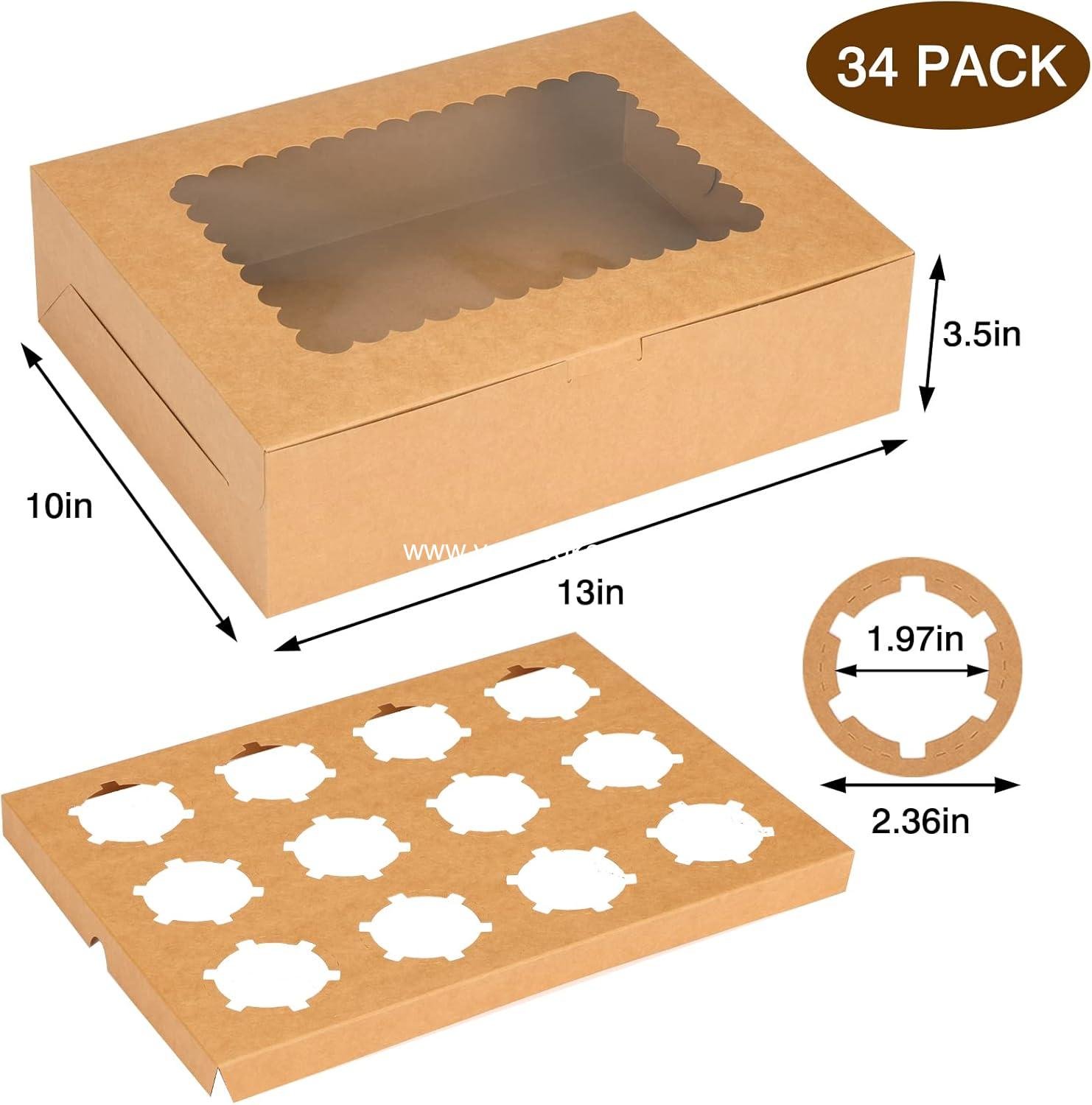 Wholesale 34 Sets Cupcake Boxes, Hold 12 Count Cupcake Containers with Window and Inserts, 13 x 10 x 3.5 Inches Kraft Bakery Carrier for Birthday and Holiday Parties, Factory