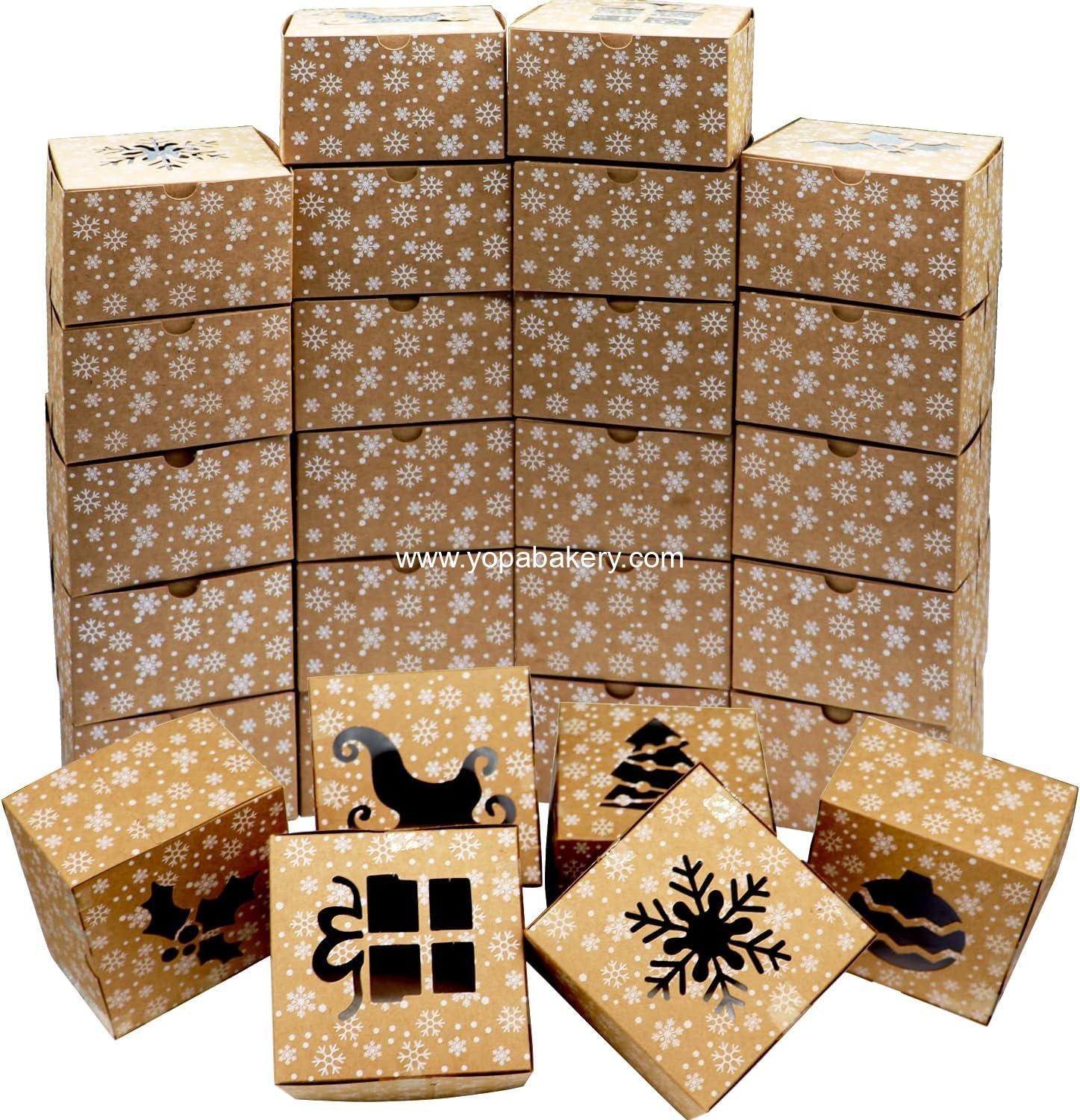 VEYLIN 24Pack Christmas Bakery Boxes with Window, 4“ x 4" x 2.4" Kraft Small Holiday Cookie Boxes for Xmas Gifts Cookie Cupcake