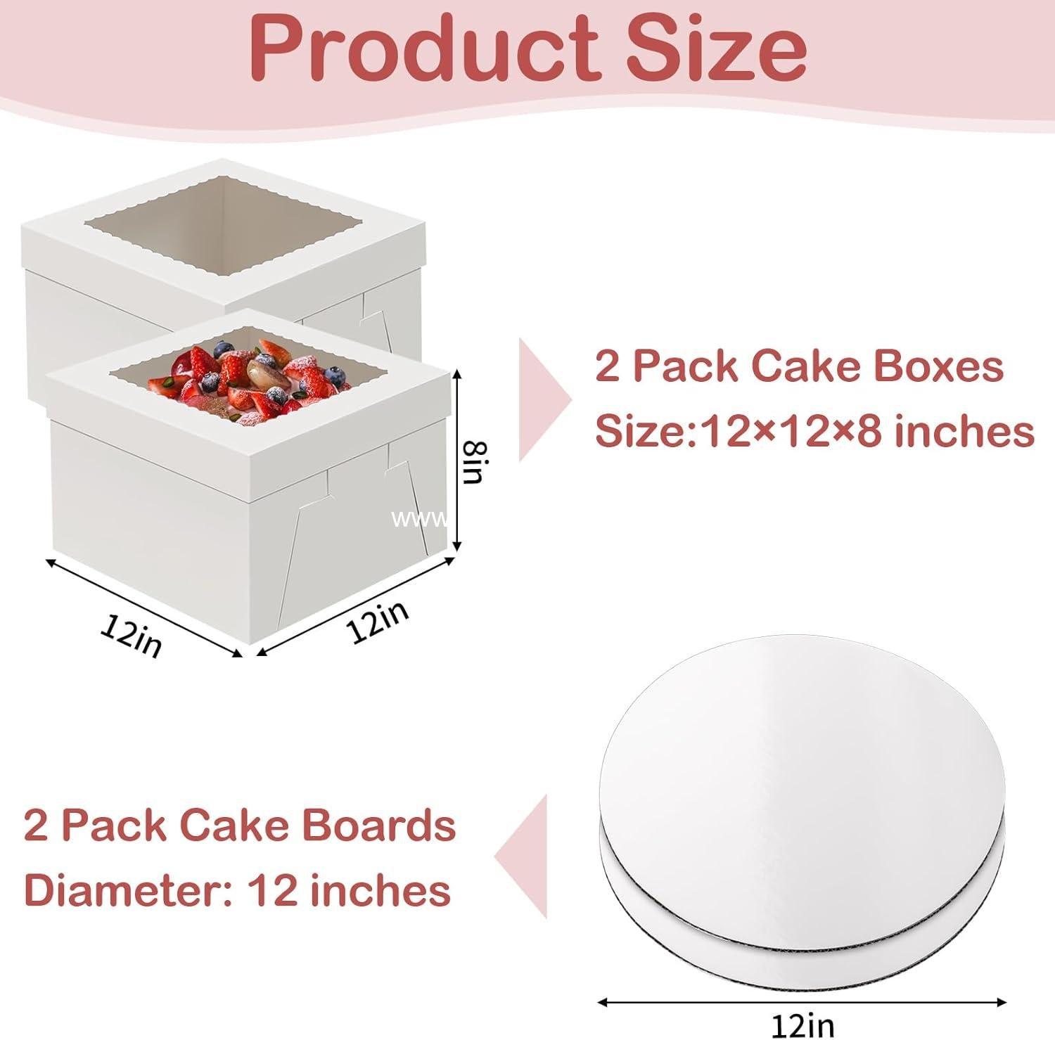 Wholesale 2 Pack Cake Boxes with Cake Boards, 12 Inch Tall Disposable Cake Transport Container, White Carrier for Baked Goods, Cookies, Desserts, Pastries, Cupcakes (12×12×8 Inches) Factory