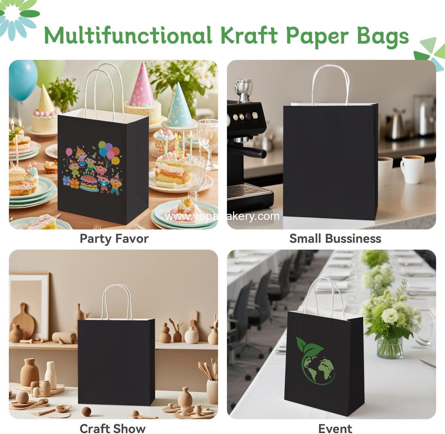 Wholesale 100Pcs Black Paper Gift Bags Medium Size 8x4.75x10 Inch Kraft Paper with Handles for Shopping, Craft, Business, Retail, Party Favor, Takeout, Goodie, Grocery Factory