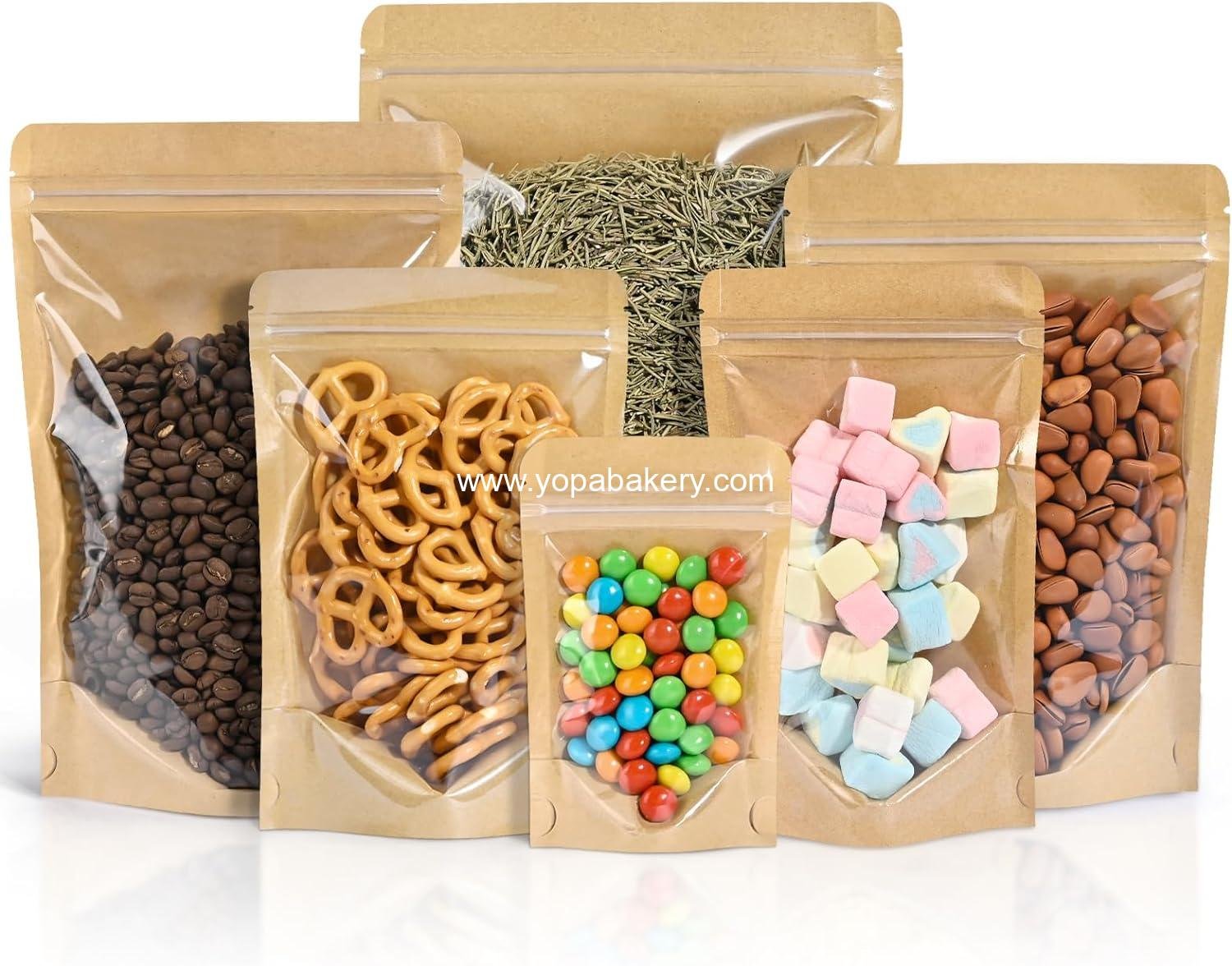 FireKylin 100PCS Stand Up Pouches 3.5"x5.5" Paper Bags With Window Clear Front Pouches Resealable Zipper Food Storage Brown