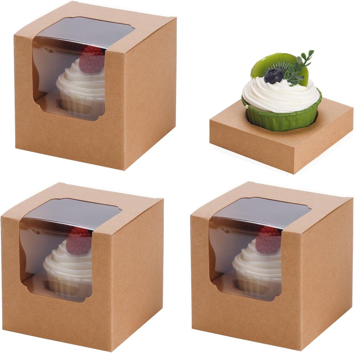 50 Pcs Cupcake Boxes Individual Cupcake Containers Pre-Assembled Single Cupcake Boxes 3.5"x3.5"x3.5" with 50 Pcs Inserts for Cupcakes Muffins Party Favors(Brown)