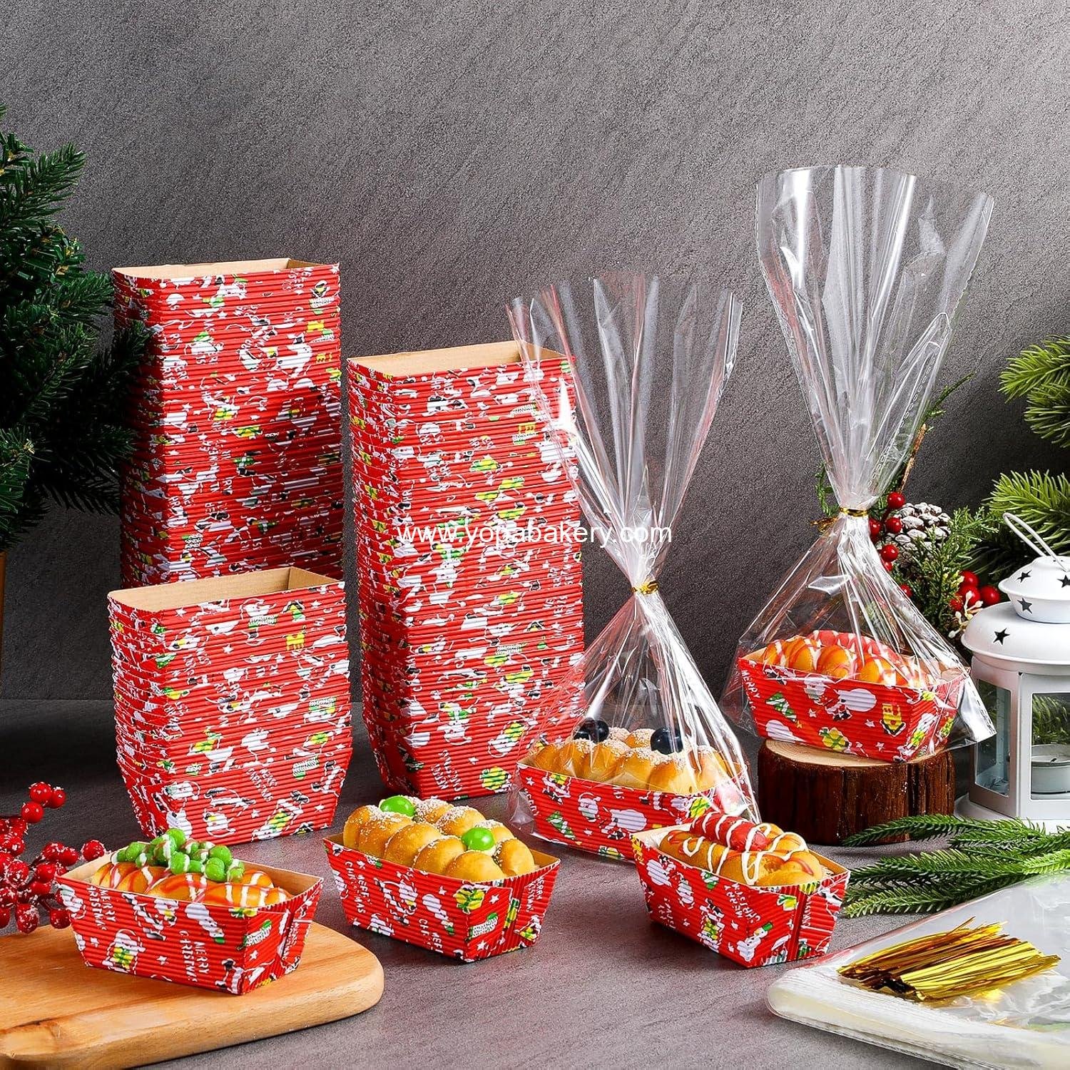 Wholesale 100 Sets Mini Disposable Christmas Paper Loaf Pans with 100 Clear Bread Bags and Ties - Rectangle Loaf Molds for Baking (3.2 x 1.6 x 1.6 Inches) - Manufacturer