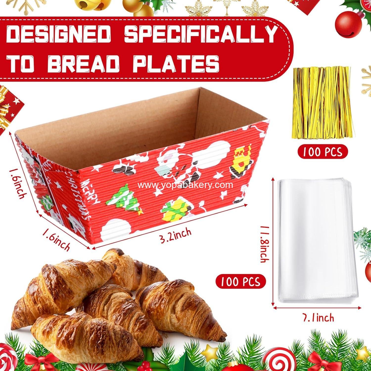 Wholesale 100 Sets Mini Disposable Christmas Paper Loaf Pans with 100 Clear Bread Bags and Ties - Rectangle Loaf Molds for Baking (3.2 x 1.6 x 1.6 Inches) - Manufacturer