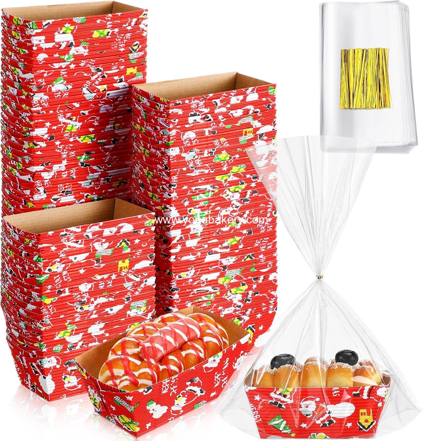 100 Sets Christmas Paper Loaf Pans Mini Disposable Baking Bread Pans with 100 Pcs Clear Bread Bags with Ties Rectangle Loaf Molds for Cake Oven Baker(3.2 x 1.6 x 1.6 Inches)