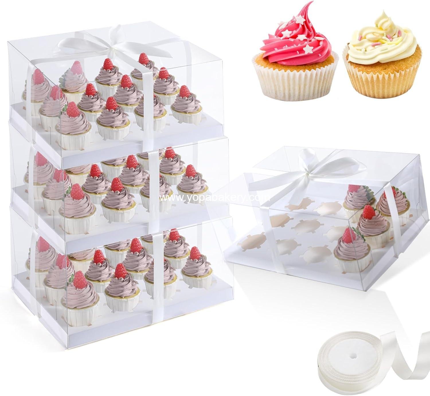 JCD 8 Pack Clear Cupcake Boxes,5.5inches height 12 Counts Cupcake Containers with Gift Ribbon,Bento Boxes with Clear Lid for 12 Cupcakes for Treat Dessert Cookies Muffins Pastry Party (12count/8pcs)