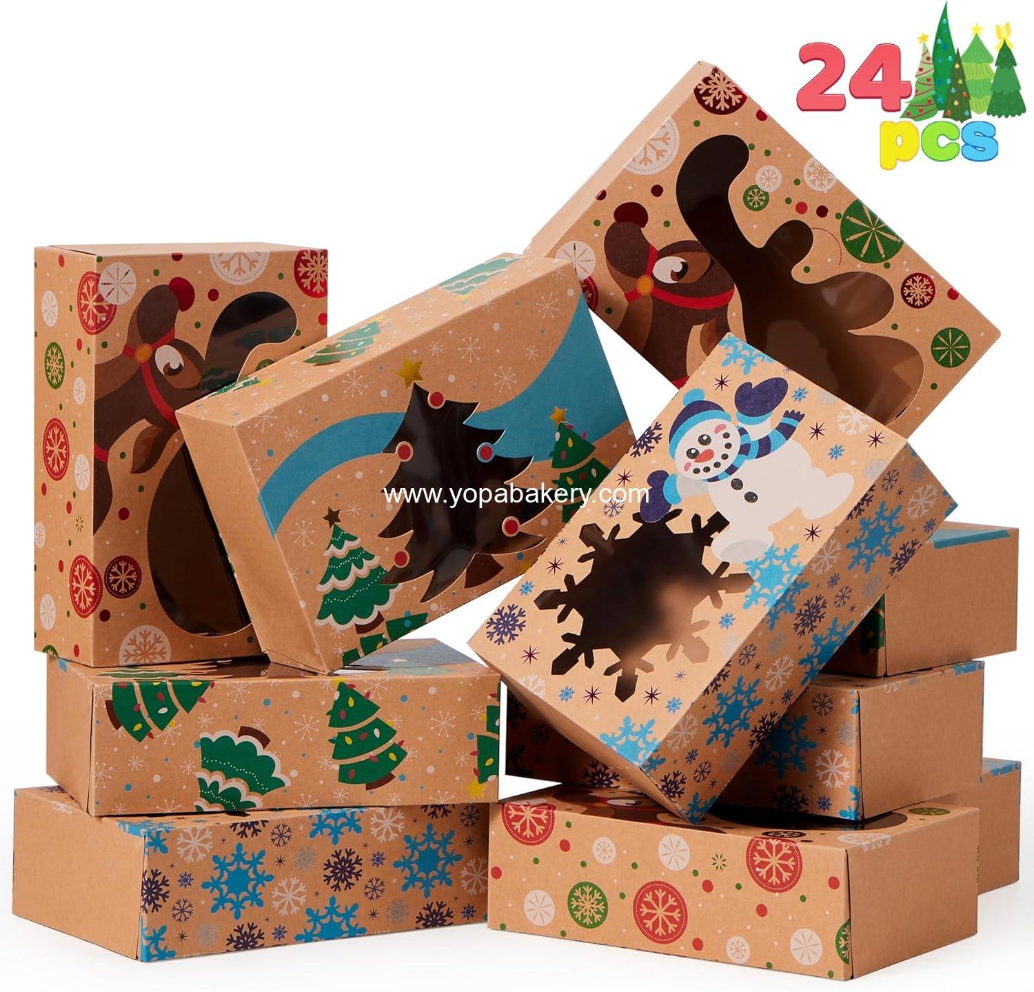 Wholesale 24PCS Christmas Cookie Boxes for Gift Giving, 8.5" x 5.75" x 2.75" Holiday Treat Tin with Window, 3 Designs Brown Foiled Kraft Bakery Boxes for Pastries, Cupcakes, Brownies, Doughnuts Factory