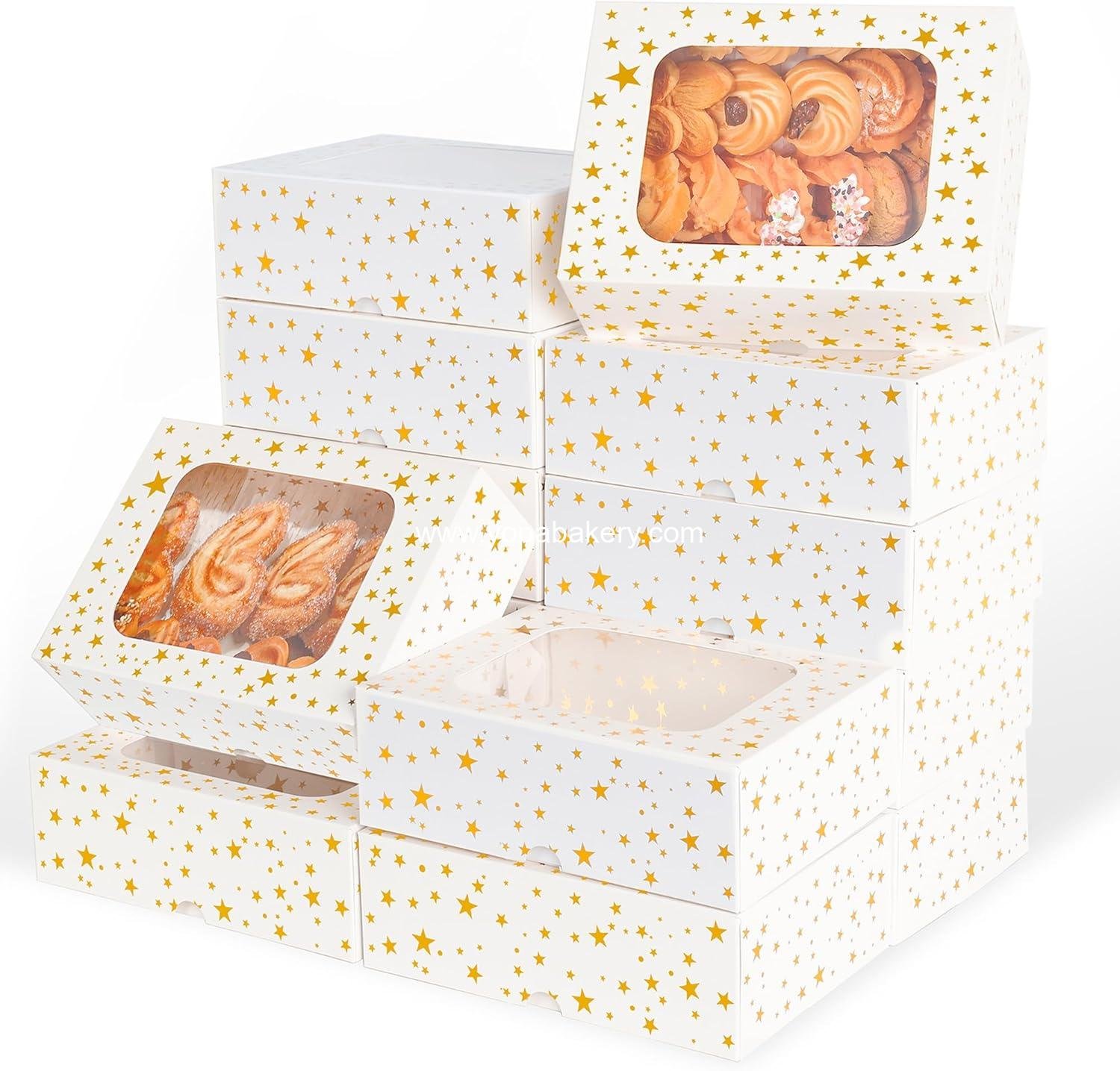 Wholesale 12pcs Cookie Boxes with Window - 8.25x6x2.75in White Treat Boxes with Gold Foil Star for Christmas Gift Giving, Pastry, Dessert, Cupcakes, Candy, Donut Packaging, Factory