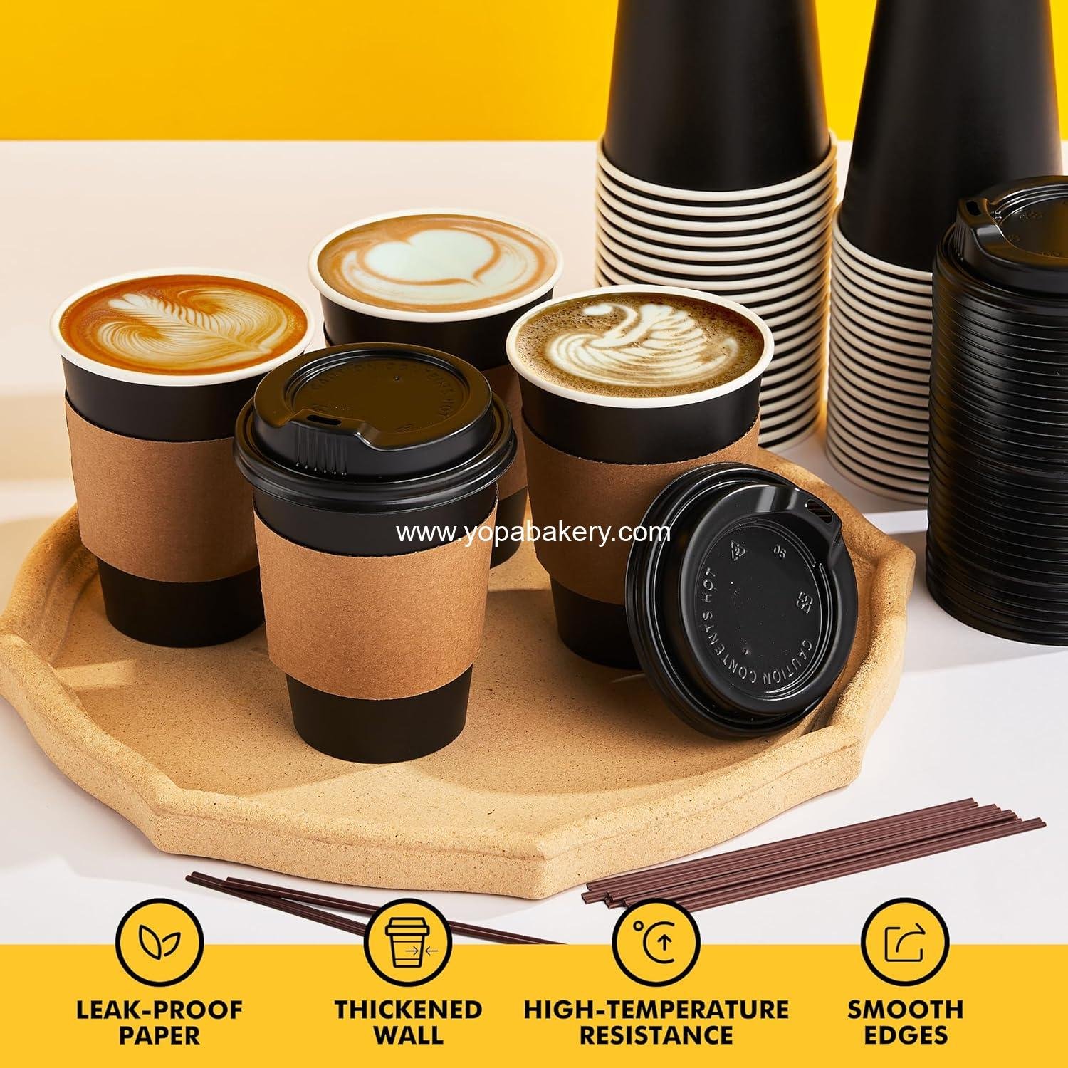 Wholesale 12 oz Black Disposable Coffee Cups with Lids, Sleeves, and Stirring Sticks, 100 Pack Hot Coffee Cups for Parties, Picnics, and Travel - Factory